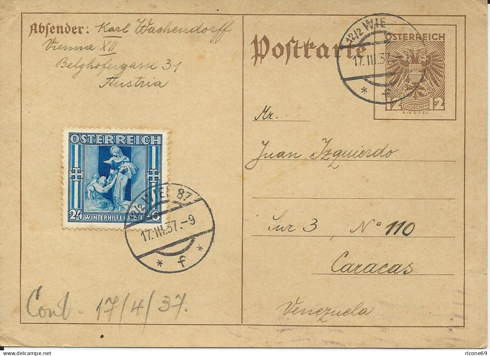 Österreich 1937, 24 Gr. Winterhilfe Auf 12 Gr. Ganzsache V. Wien N. Venezuela. - Lettres & Documents