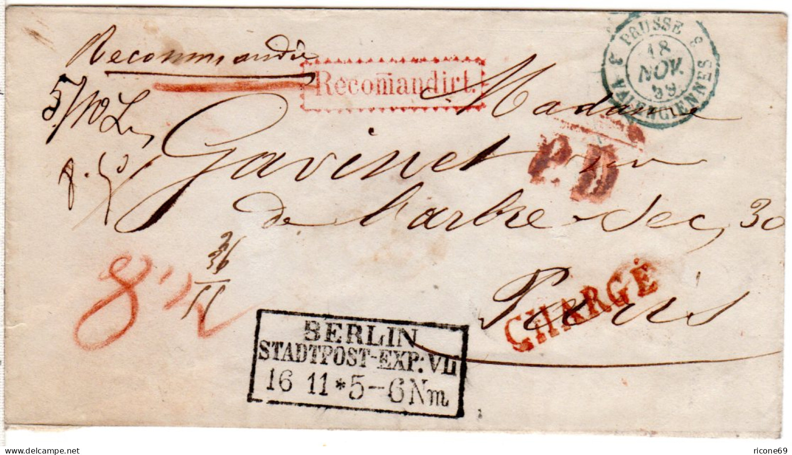 Preussen 1859, R3 BERLIN STADTPOST-EXP: VII Auf Einschreiben Brief N. Frankreich - Covers & Documents