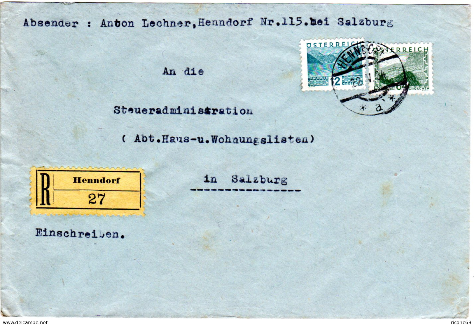 Österreich 1934, 12+64 Gr. Auf Einschreiben Brief V. HENNDORF, Salzburg - Covers & Documents