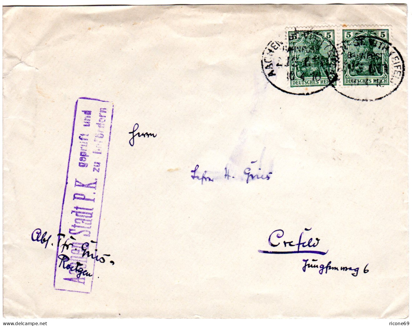 DR 1916, 2x5 Pf. Germania Auf Zensur Brief M. Bahnpost Aachen-St. Vith (Eifel). - Lettres & Documents