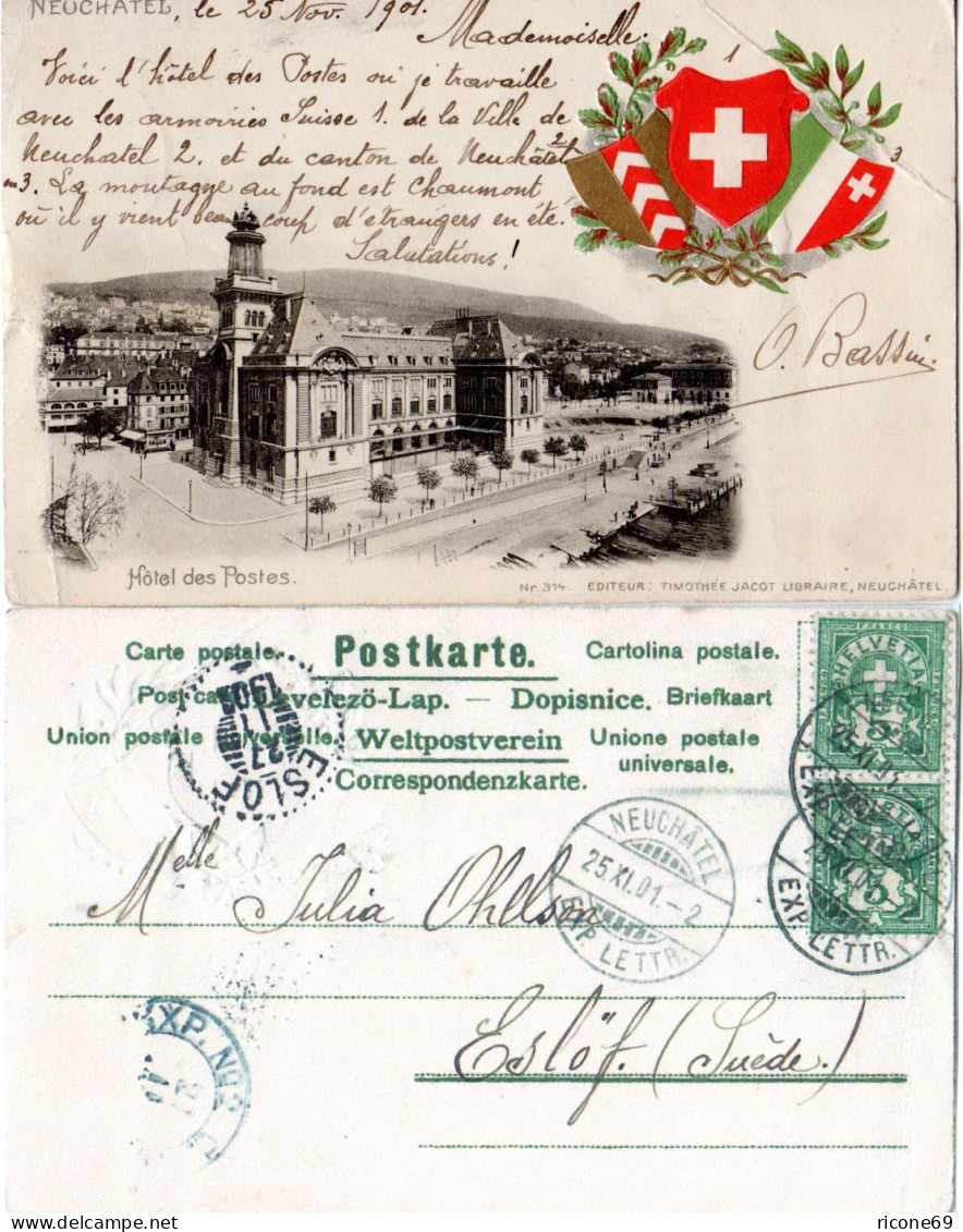 Schweiz 1901, Paar 5 C. Auf Präge-AK V. Neuchatel N. Schweden. - Briefe U. Dokumente