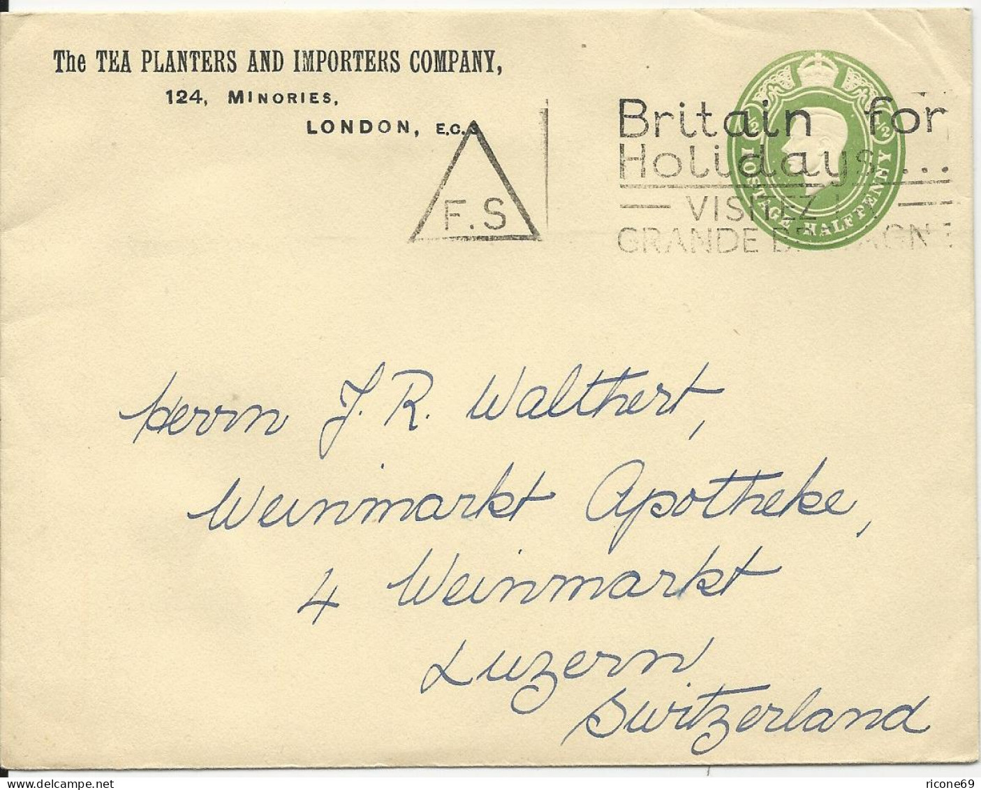 GB, 1/2d Ganzsache Brief "Tea Planters..." M. "Holidays..." Werbestempel. - Alimentation