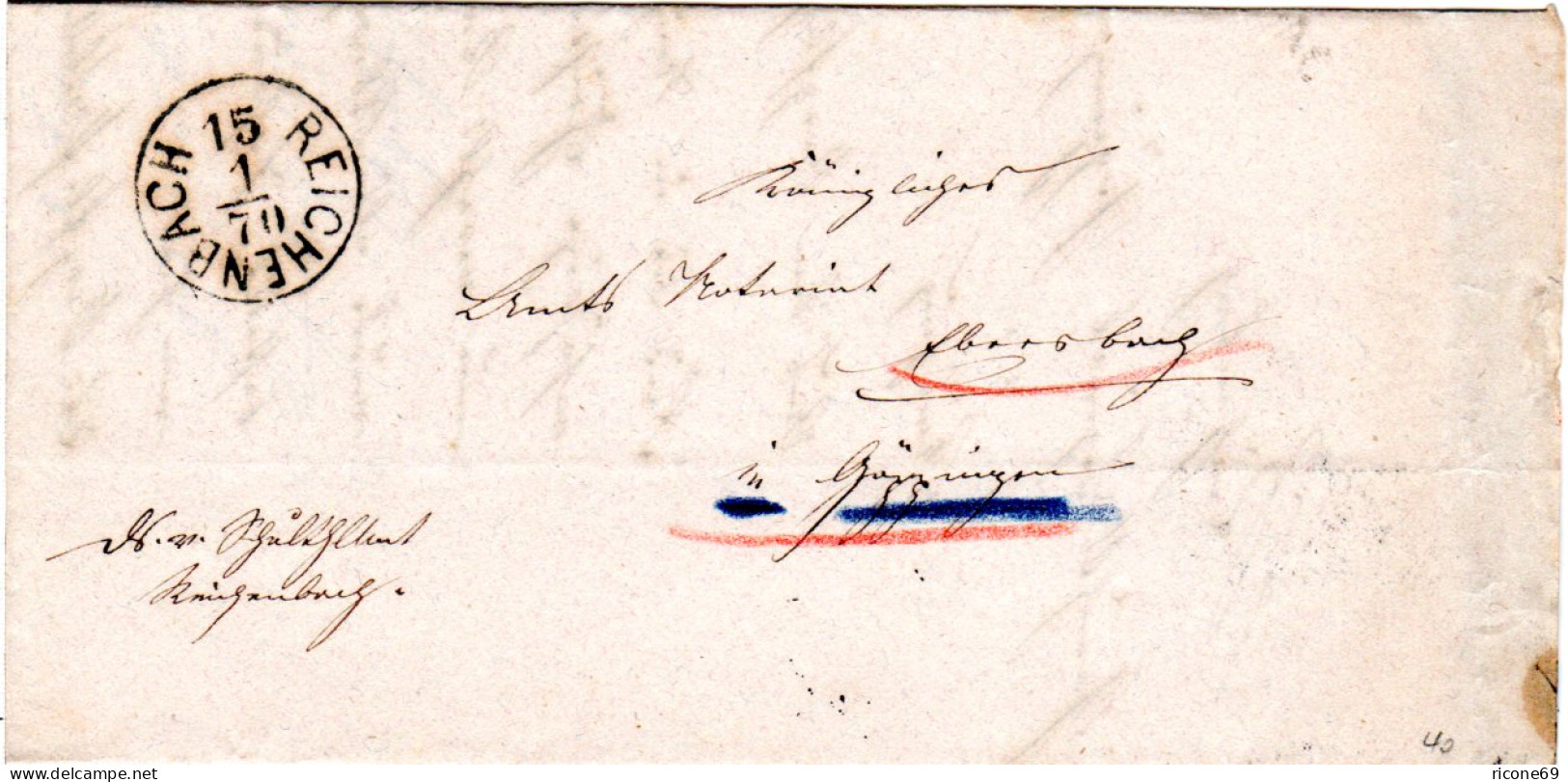 Württemberg 1870, K1 REICHENBACH M. Kopfstehendem Datum Auf Brief N. Ebersbach - Lettres & Documents