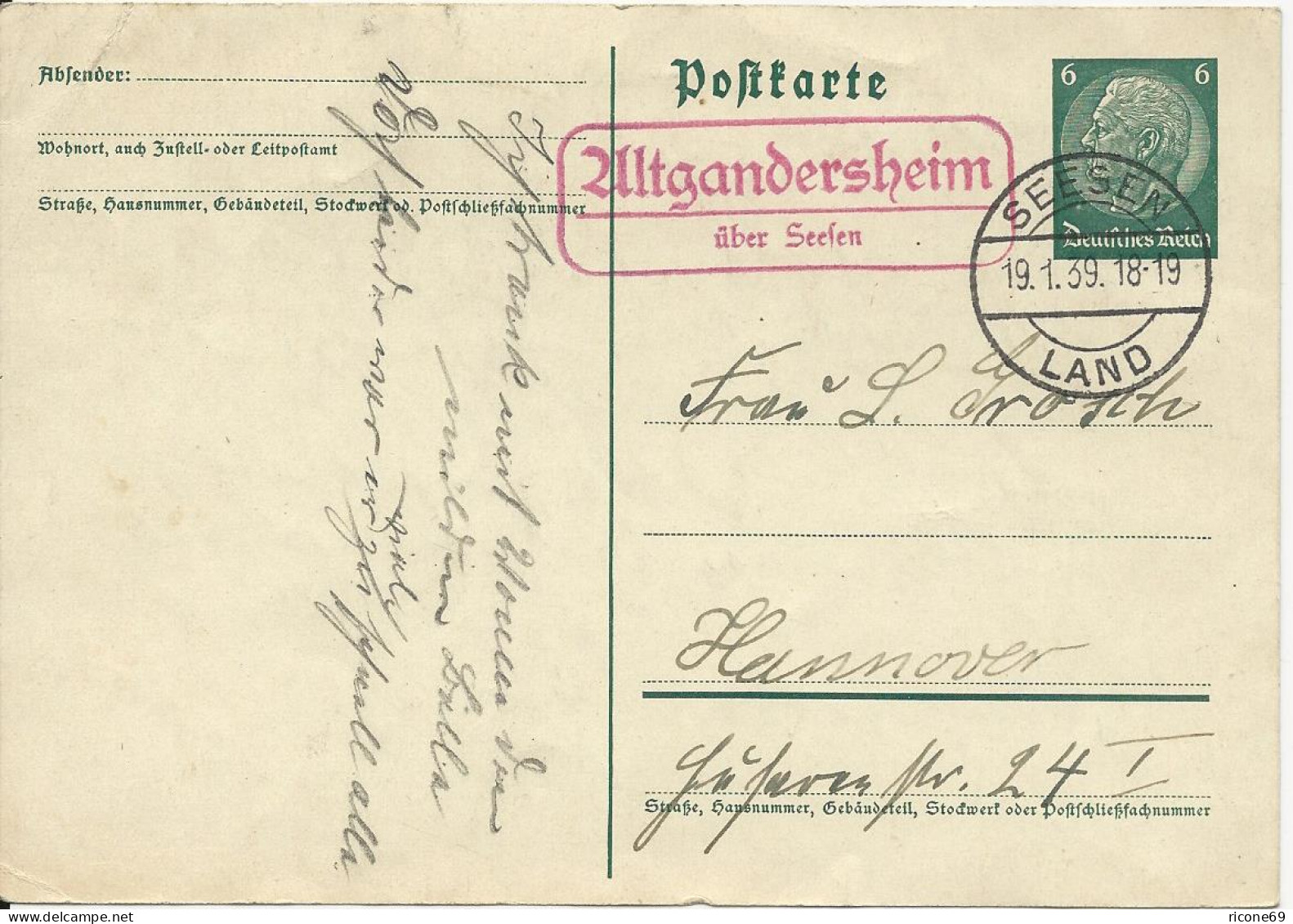 DR 1939, Landpost Stpl. Altgandersheim ü. Seesen In Rot Auf 6 Pf. Ganzsache - Lettres & Documents