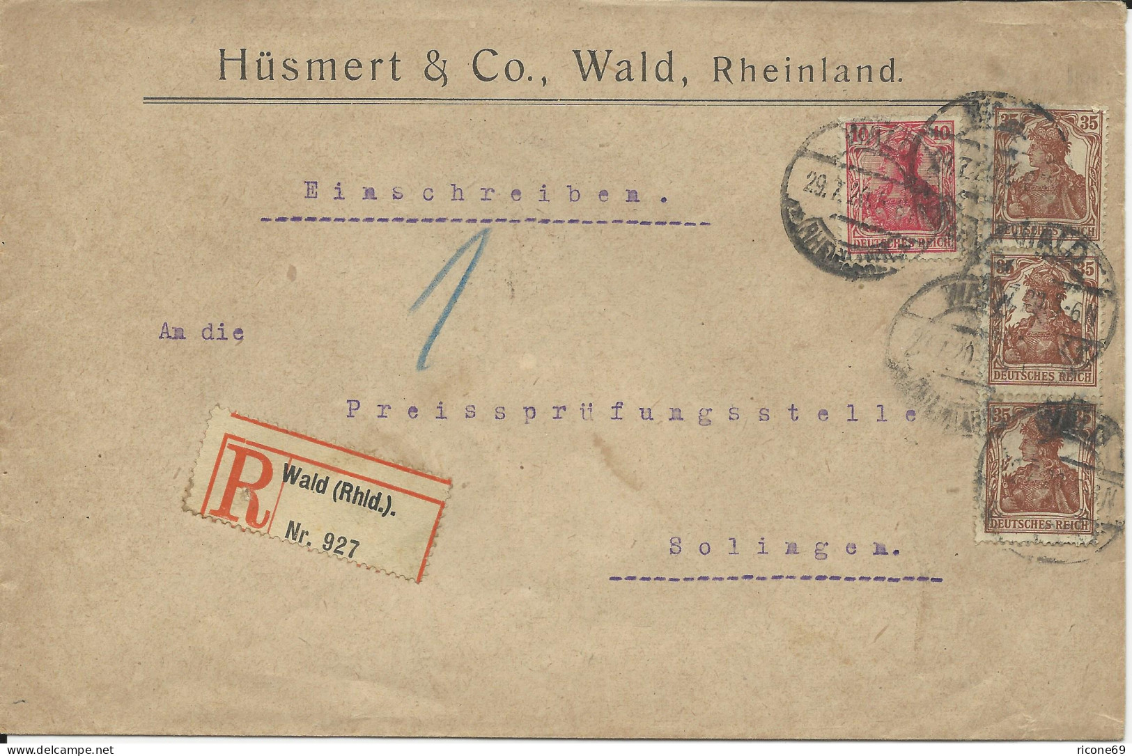 DR 1920, Wald Rheinland, Firmen Einschreiben Brief M. 4 Marken N. Solingen - Covers & Documents