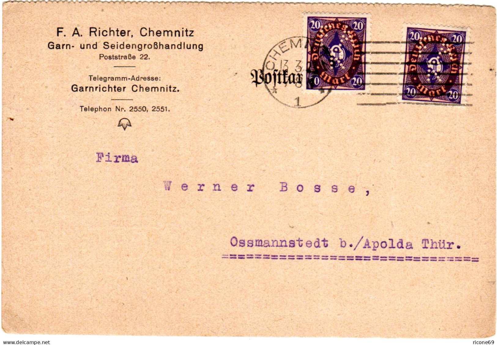 DR 1923, 2x20 Mk. M. Perfin Firmenlochung Auf  Karte V.Chemnitz - Briefe U. Dokumente