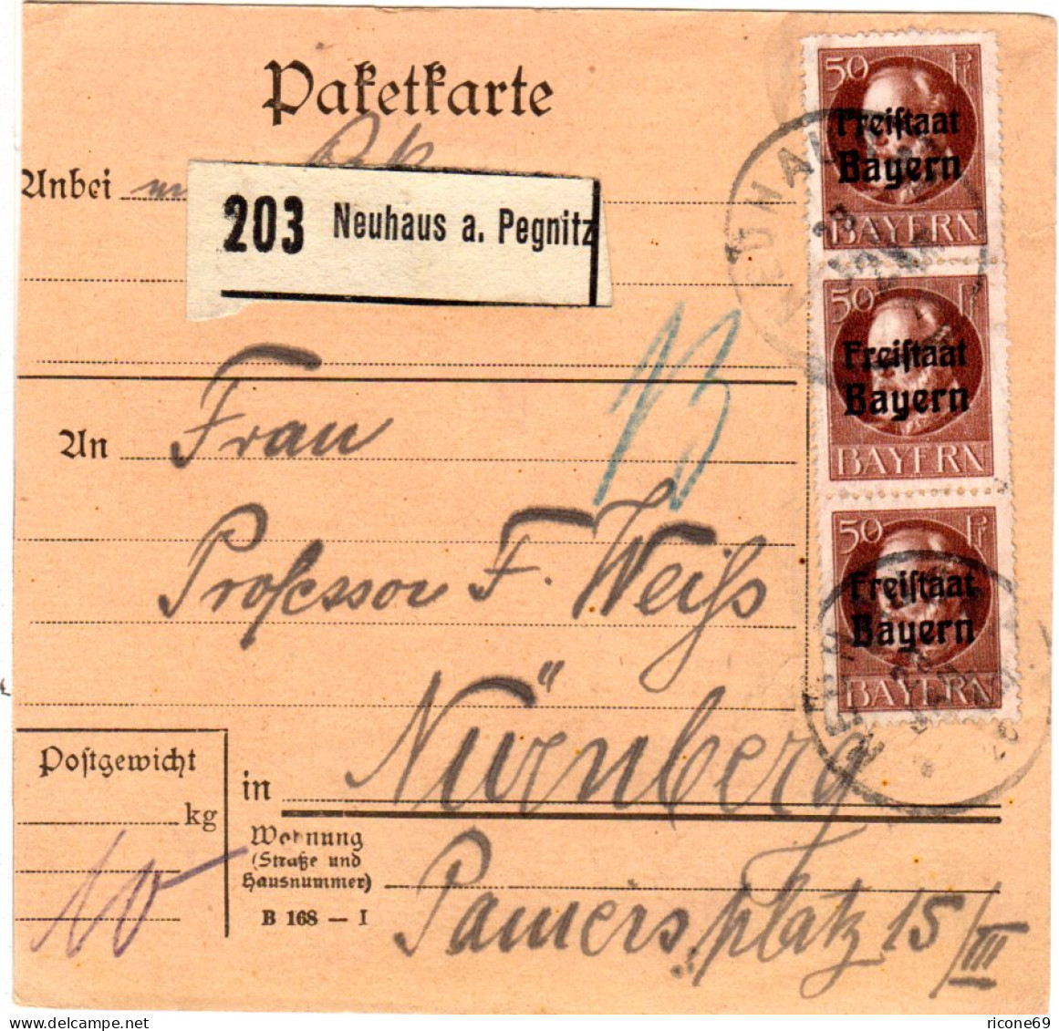 Bayern 1920, MeF 3x50 Pf. Freistaat Auf Paketkarte V. NEUHAUS A. Pegnitz - Covers & Documents
