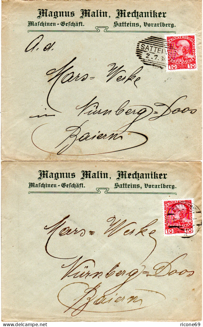 Österreich 1908, 2 Firmenbriefe M. 10 H. V. SATTEINS Va. M. Versch. Entwertung - Covers & Documents