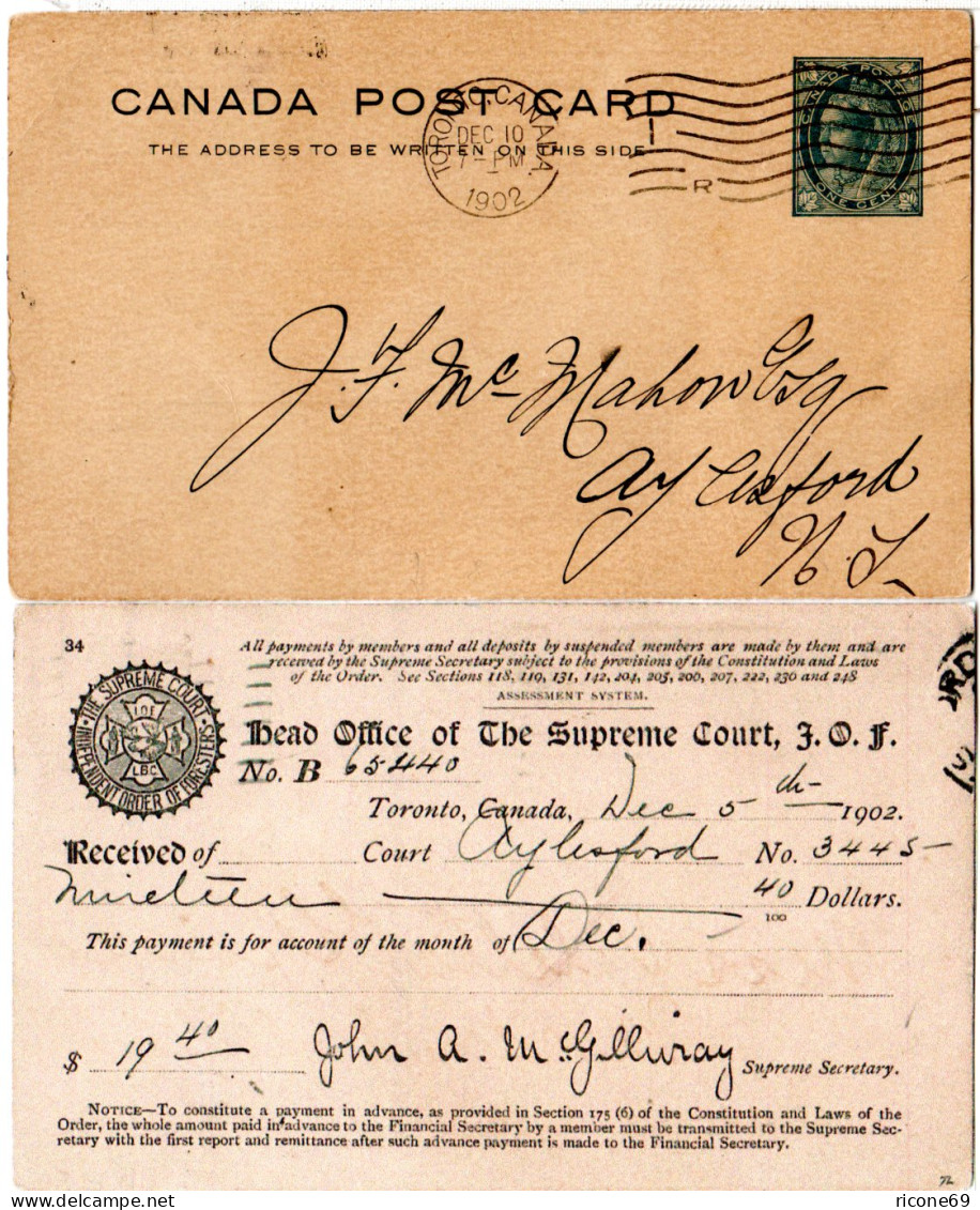 Kanada 1902, 1 C. Ganzsache M. Rücks. Order Of Foresters Zudruck V. Toronto - Histoire Postale