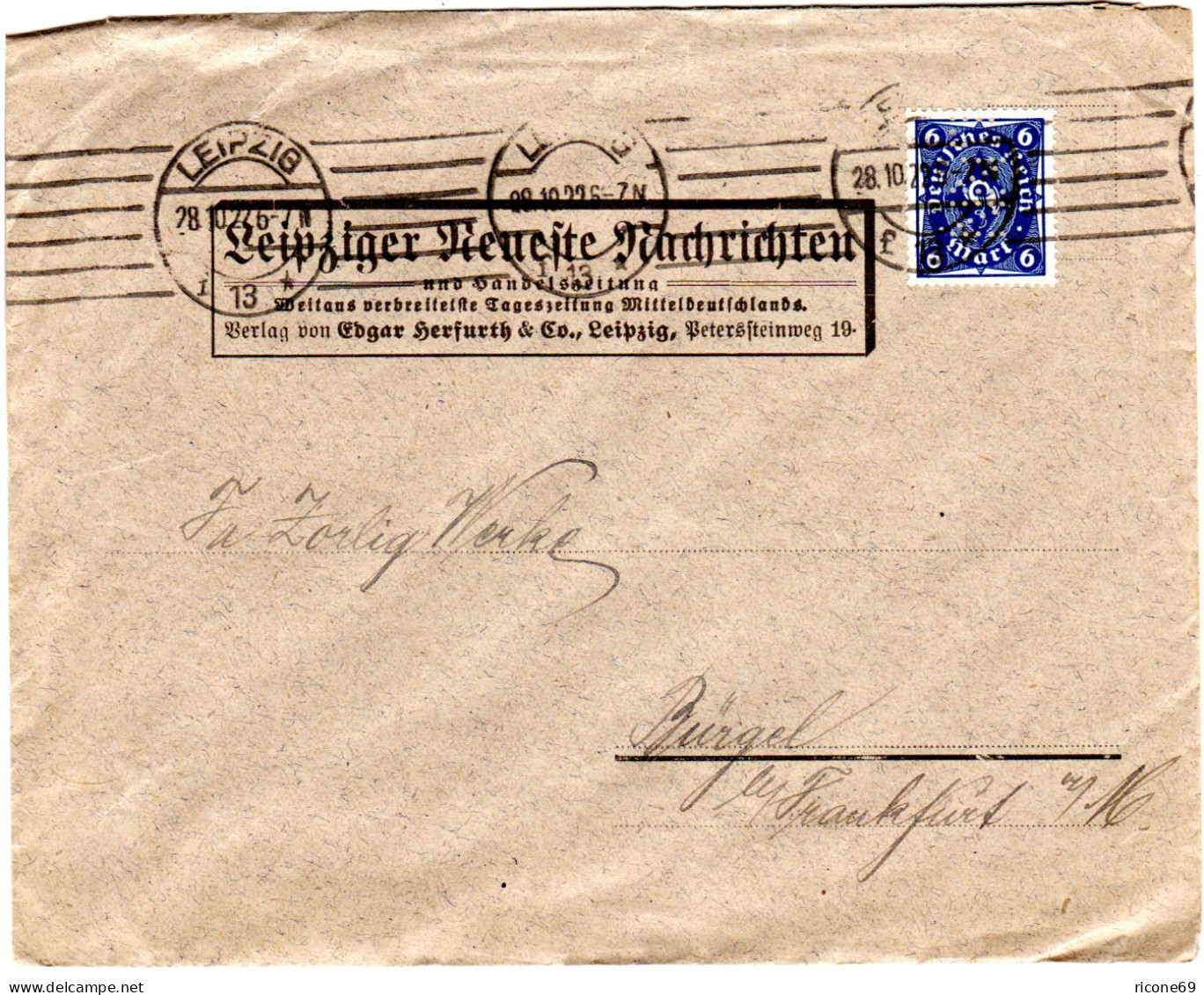 DR 1922, 6 Mk. M. Perfin Firmenlochung Auf  Brief V. Leipzig - Lettres & Documents