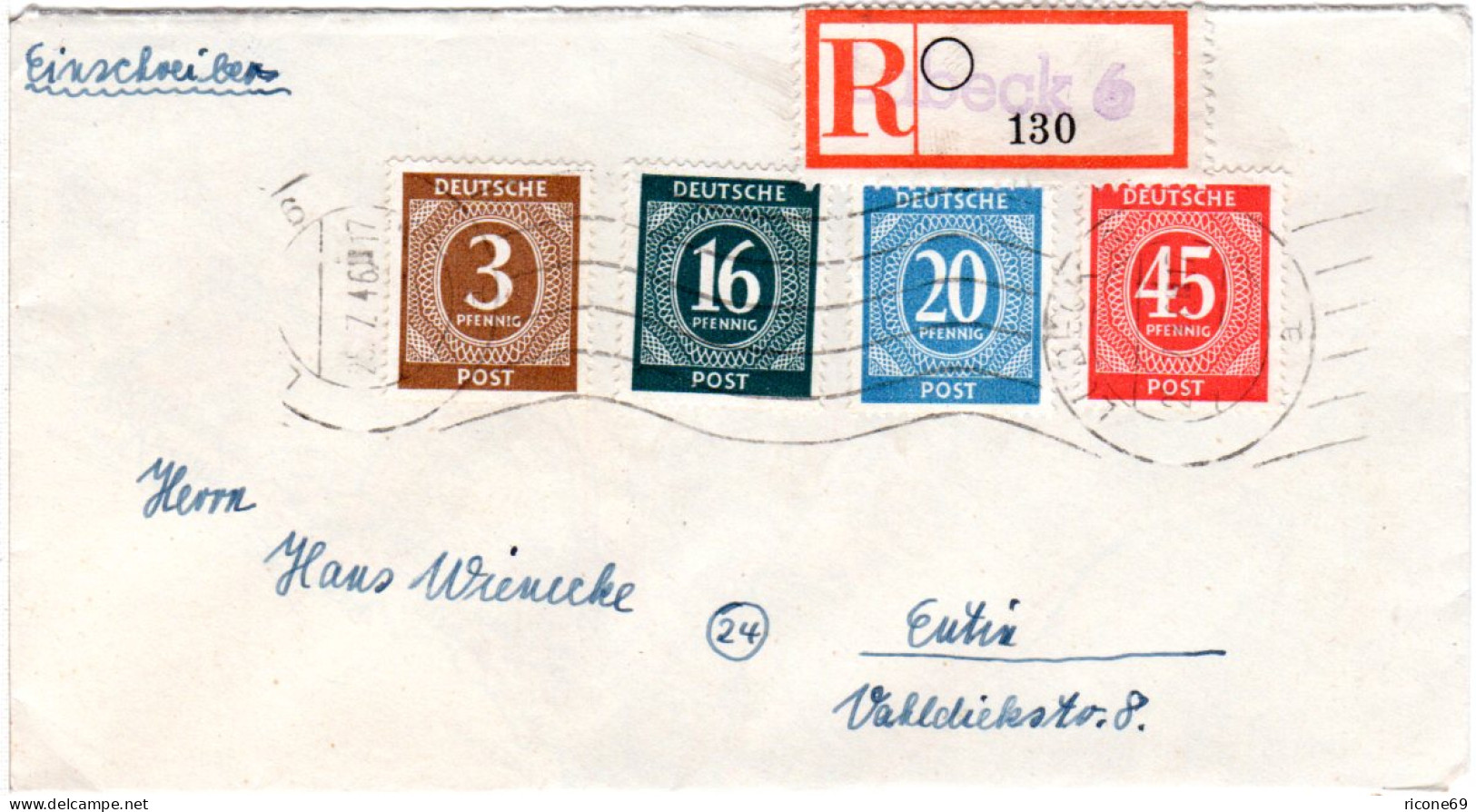 1946, Portorichtiger R-Brief M. Eingestempeltem Reko Zettel V. Lübeck 6 - Covers & Documents