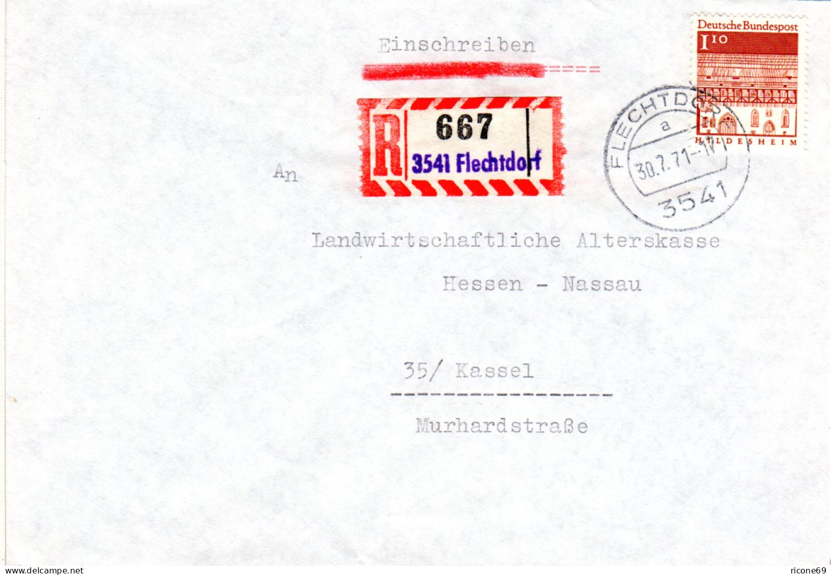 BRD 1971, 1,10 M. Auf Reko Brief M. Eingestempeltem R-Zettel V. 3541 Flechtdorf - Lettres & Documents