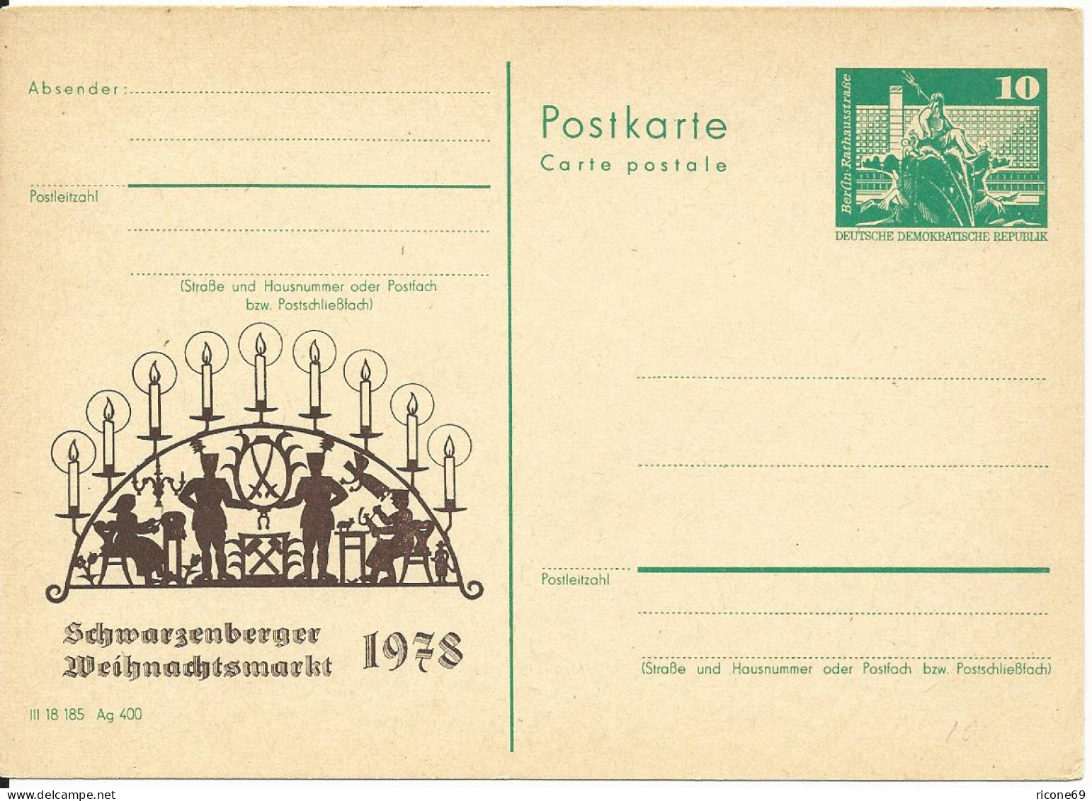 DDR 1978, Weihnachtsmarkt Schwarzenberg, Ungebr. Privart Ganzsache Weihnachten! - Lettres & Documents