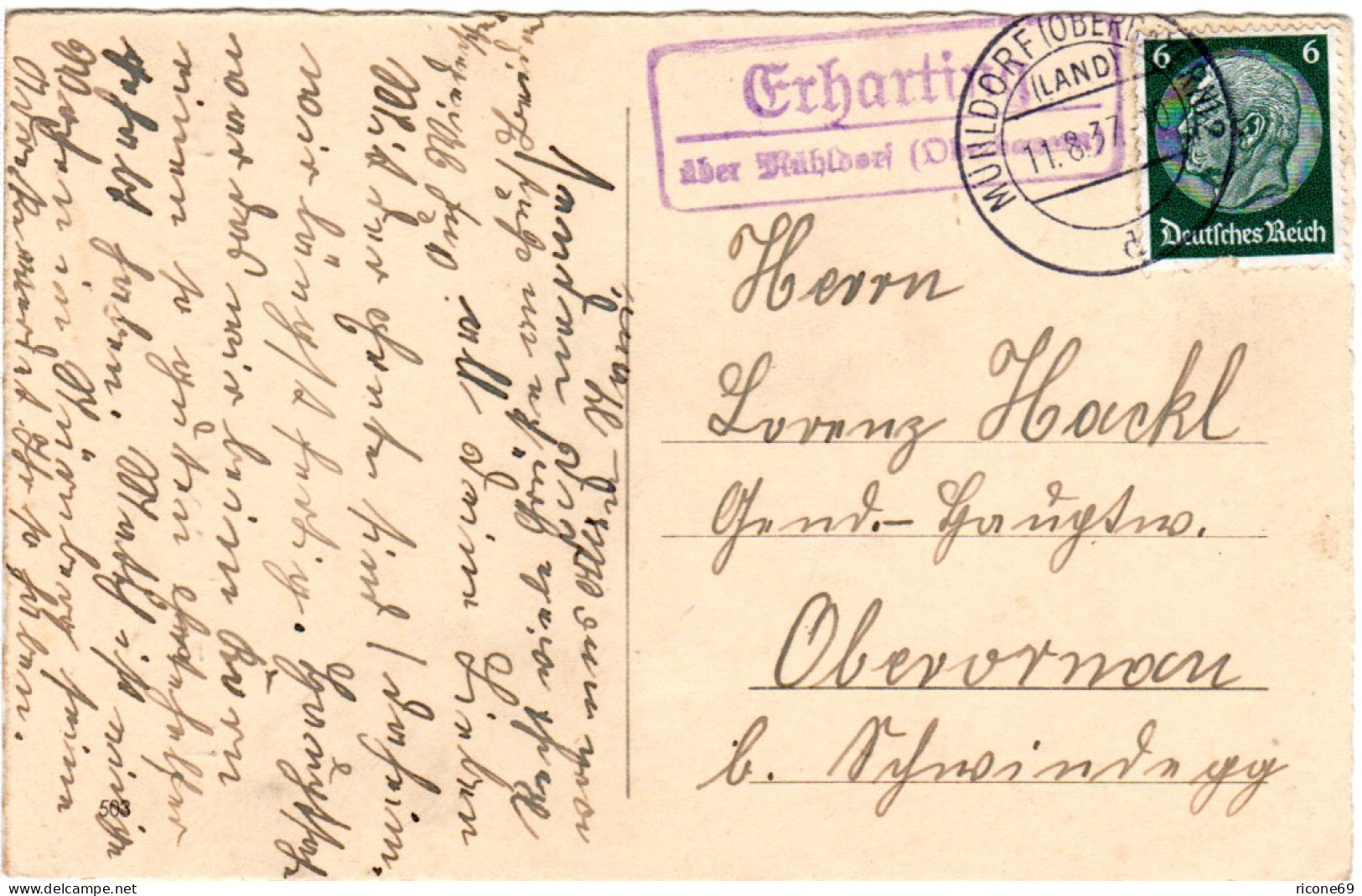 DR 1937, Landpost Stpl. ERHARTING über Mühldorf Auf Karte M. 6 Pf. - Lettres & Documents