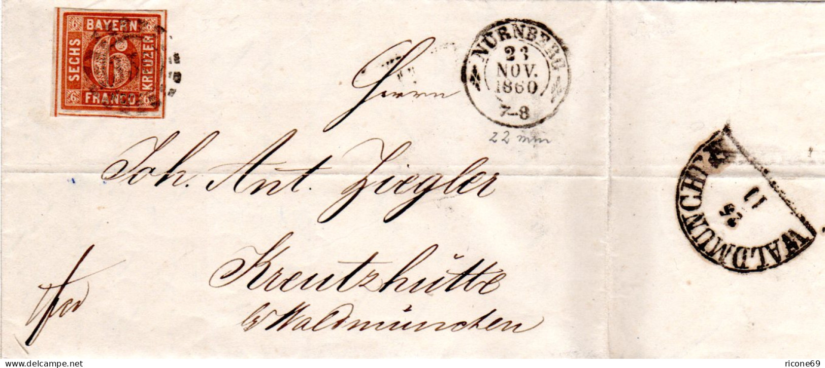 Bayern 1860, Breitrandige 6 Kr. Auf Brief V. Nürnberg N. Kreuzhütte, Österreich - Lettres & Documents