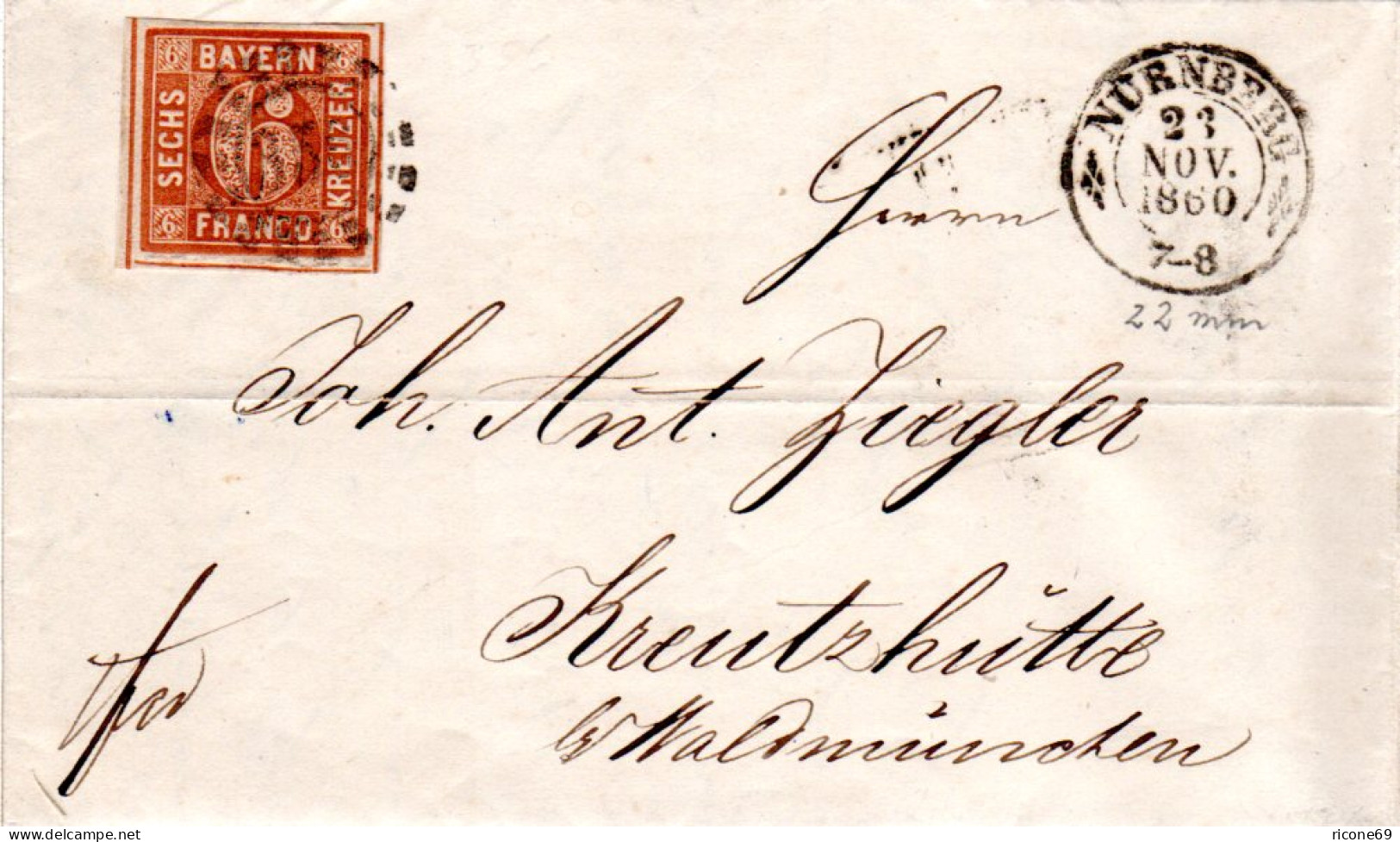 Bayern 1860, Breitrandige 6 Kr. Auf Brief V. Nürnberg N. Kreuzhütte, Österreich - Brieven En Documenten