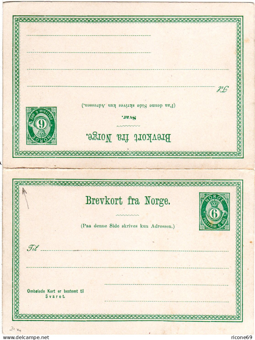 Norwegen 21 V1,  Ungebr. 6+6 öre Doppelkarte, Variante "umgekehrtes 1. Ornament" - Lettres & Documents