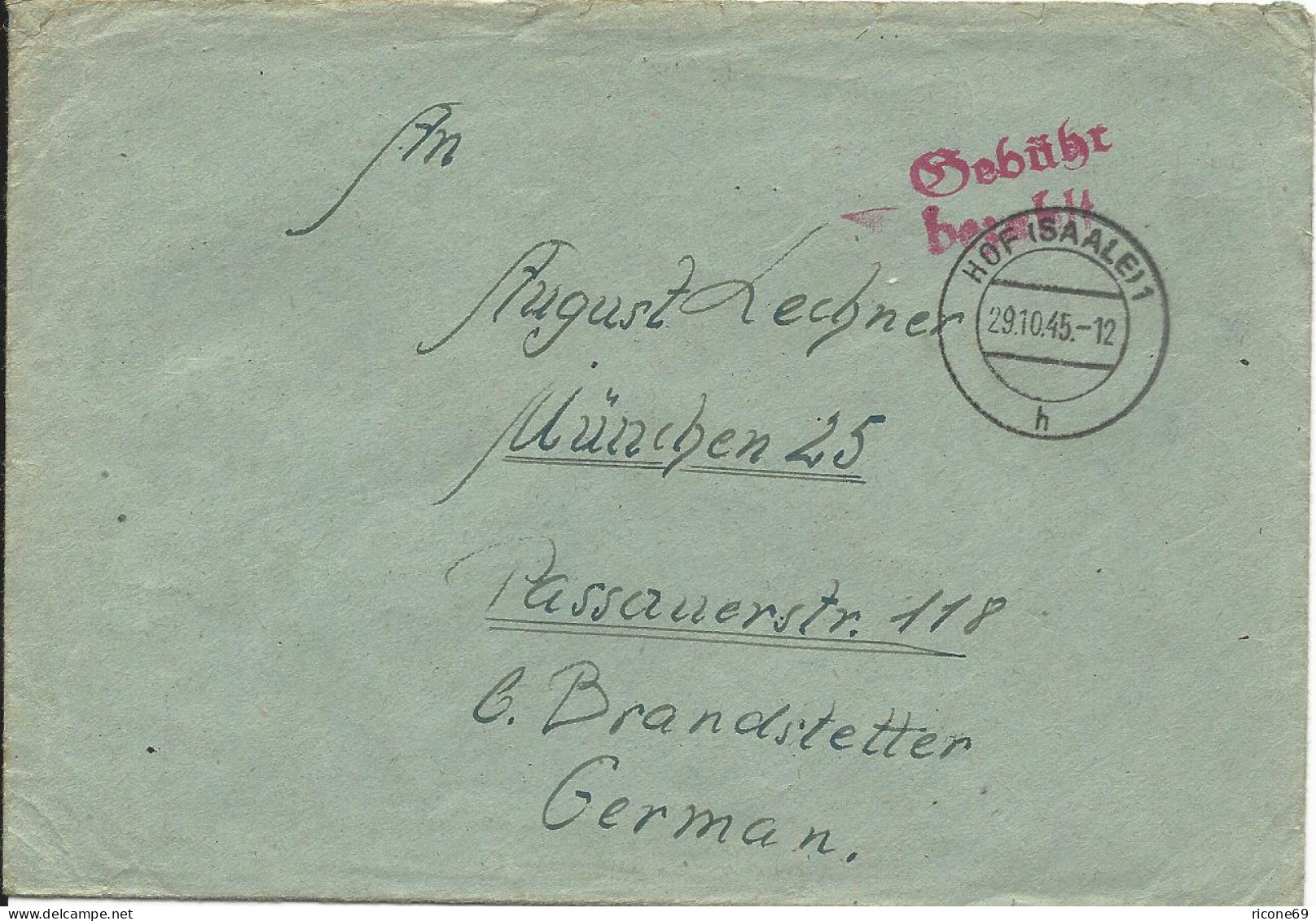 1945, Gebühr Bezahlt Hof (Saale) Auf Brief V. Schollenreuth Post Feilitzsch - Other & Unclassified