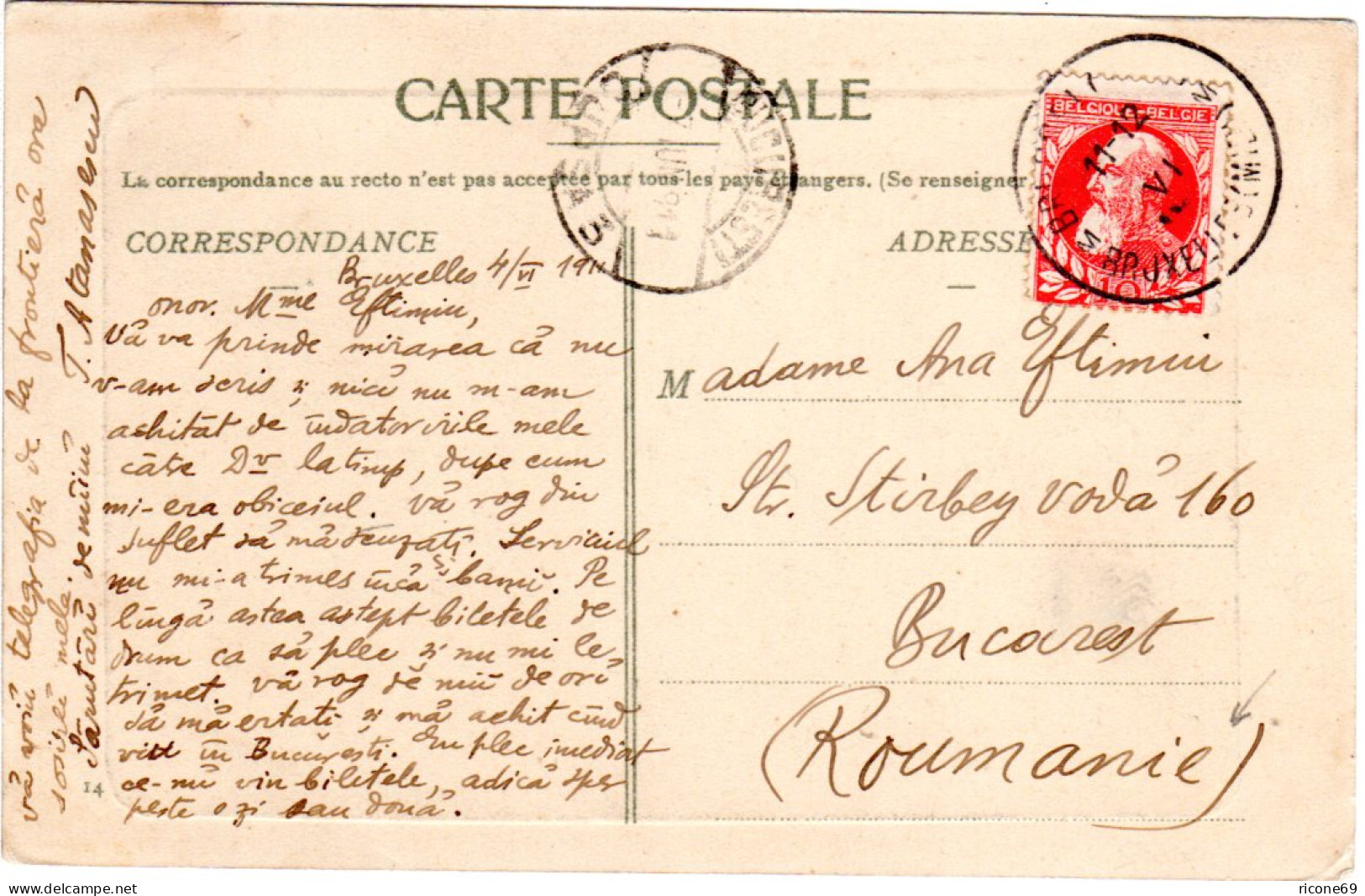 Belgien 1911, 10 C. Auf Karte V. Brüssel N. Rumänien. Destination! - Autres & Non Classés