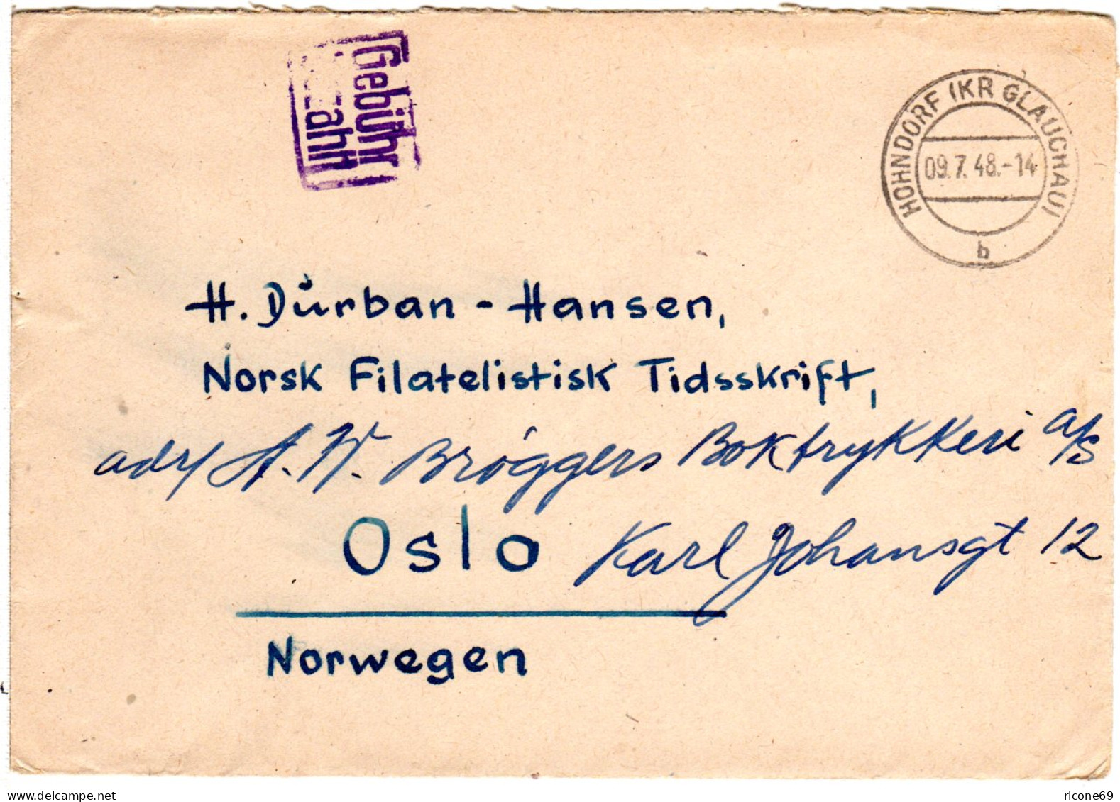 1948, Blauer R2 Gebühr Bezahlt Auf Brief V. HOHNDORF (SBZ) N. Norwegen - Covers & Documents