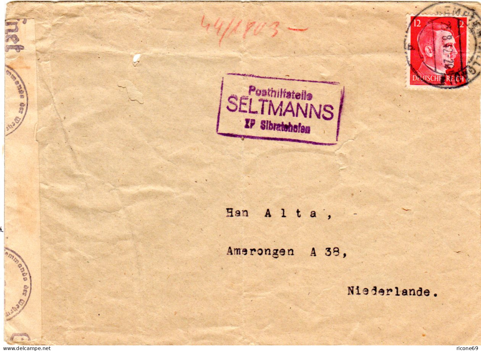 DR 1942, Posthilfstelle SELTMANNS Sibratshofen Auf Zensur Brief V. Kempten N. NL - Lettres & Documents