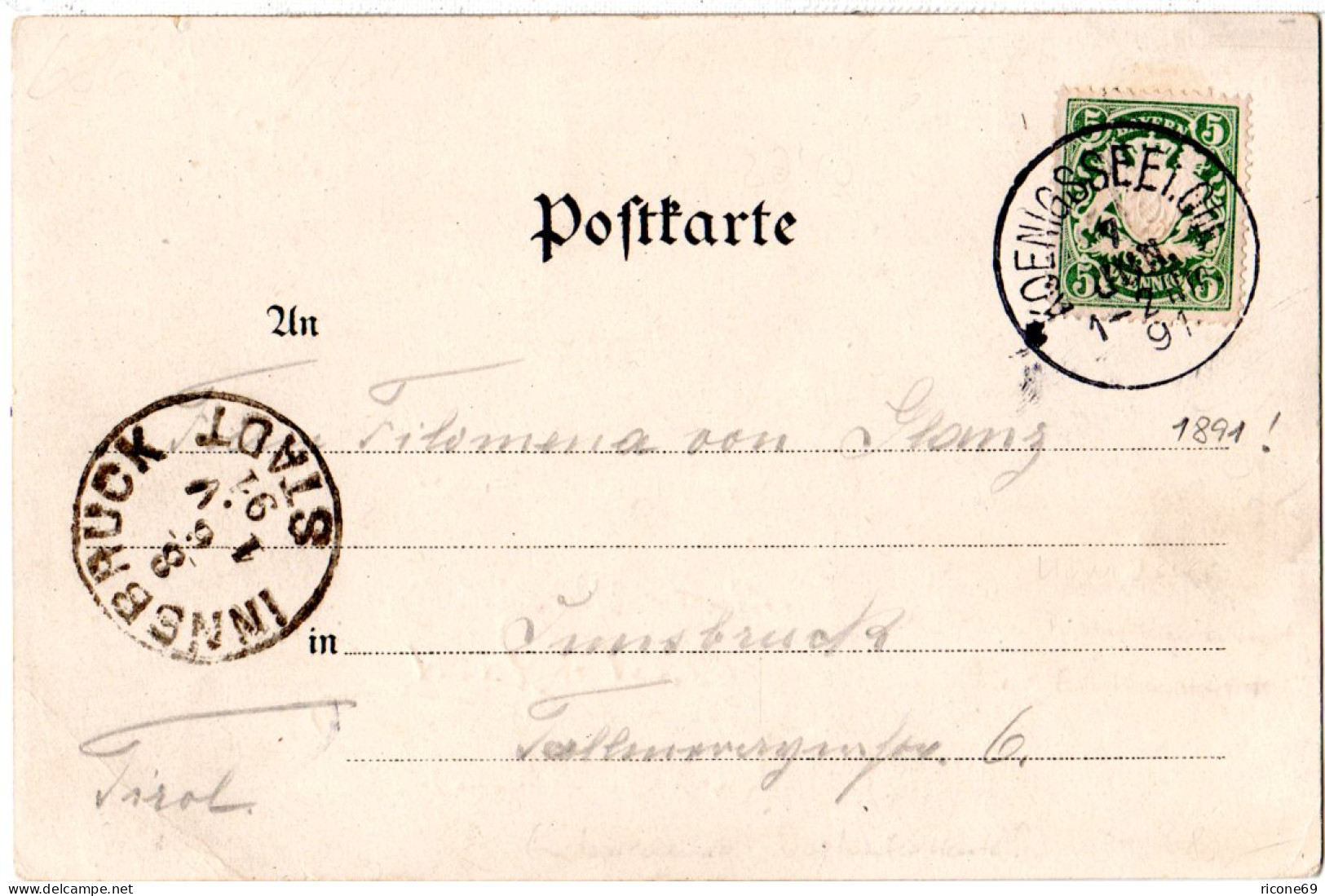 Bayern 1891, Saison-Postamt-K1 KÖNIGSSEE I.Obb. Auf Vorläufer Litho-AK M. 5 Pf. - Other & Unclassified