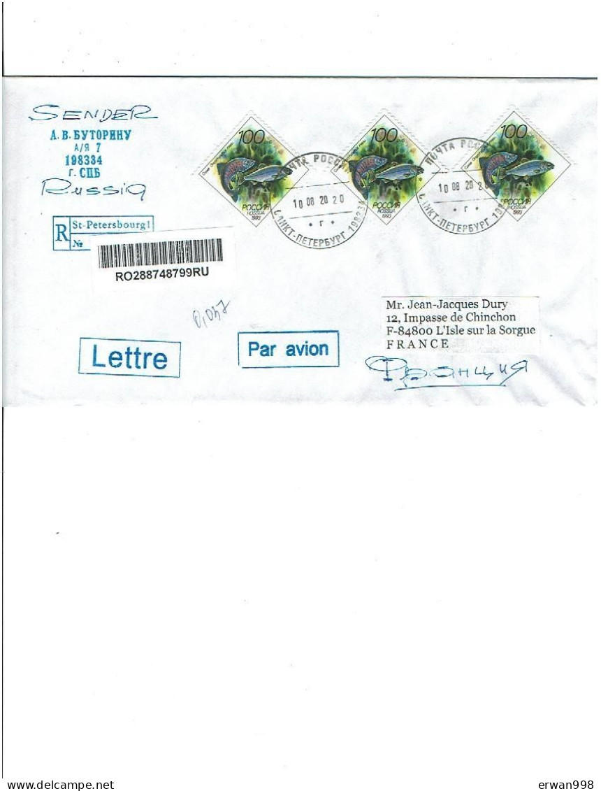 SAINT-PETERSBOURG Lettre Recommandée 10/08/2020 Timbres Animaux, Poissons 152 - Covers & Documents