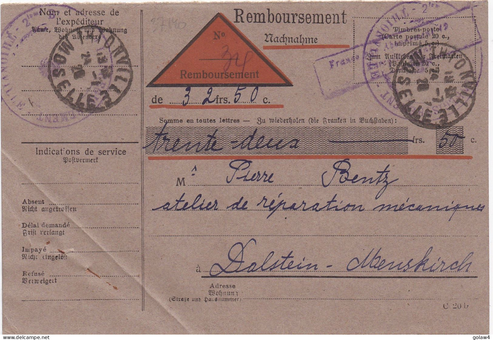 37140# CARTE CONTRE REMBOURSEMENT EN FRANCHISE Obl THIONVILLE MOSELLE 1928 DALSTEIN MENSKIRCH - Lettres & Documents