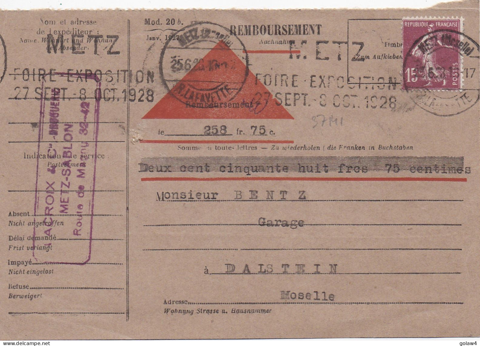 37141# SEMEUSE SEUL CARTE CONTRE REMBOURSEMENT Obl METZ R. LAFAYETTE MOSELLE FOIRE EXPOSITION 1928 DALSTEIN - Brieven En Documenten