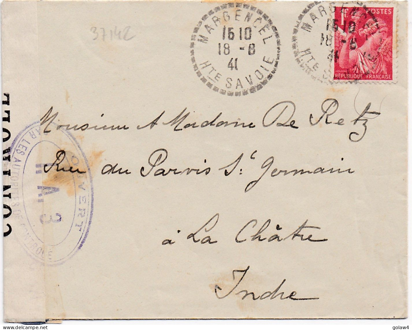 37142# IRIS LETTRE CENSURE HA 3 BOURGES CHER Obl MARGENCEL HAUTE SAVOIE 1941 Pour LA CHATRE INDRE - Guerre De 1939-45