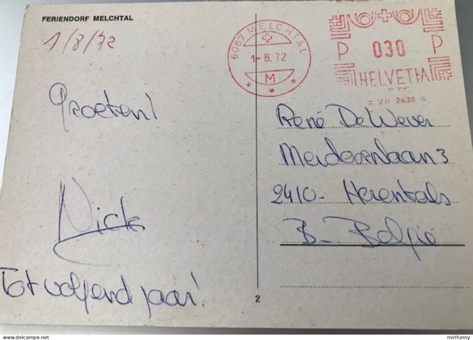 SUISSE/MARCOPHILIE/CACHET MACHINE/HELVETIA/MELCHTAL  1972 / SUR CARTE POSTALE FERIENDORF MELCHTAL - Postmark Collection