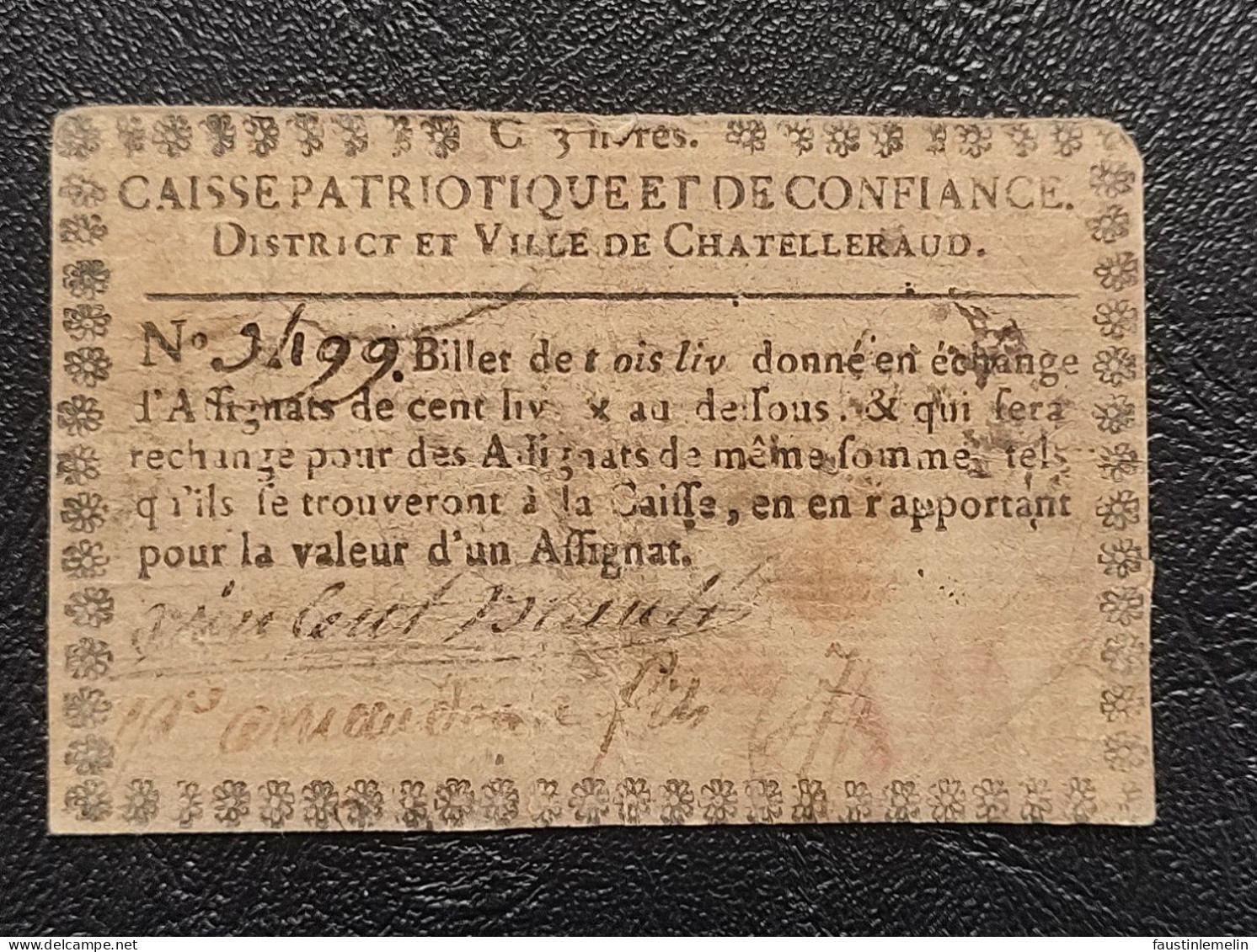 Billet De Confiance De 3 Livres à Dos De Carte à Jouer, Caisse Patriotique De Chatelleraud - Assignats & Mandats Territoriaux