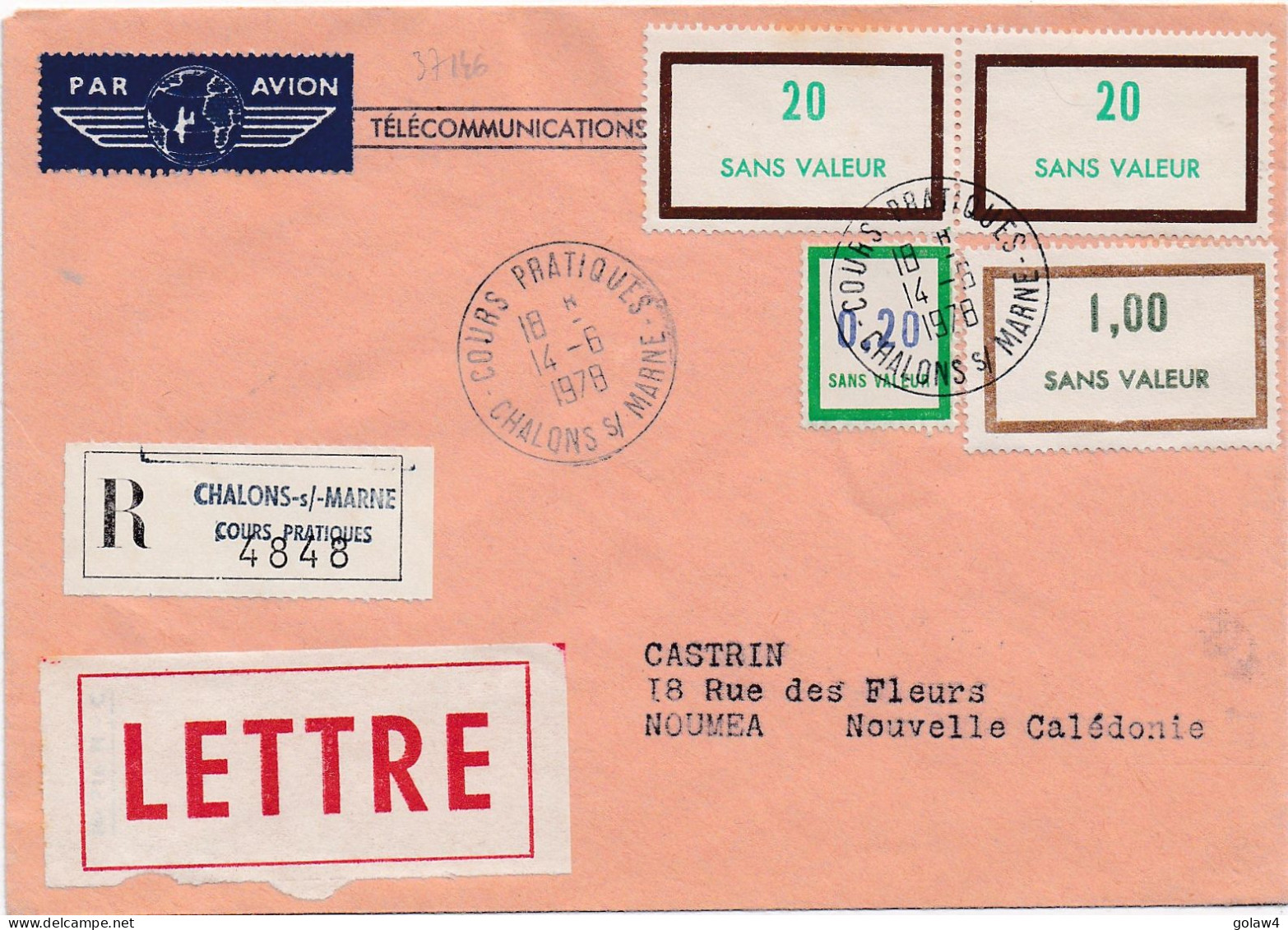 37146# TIMBRES FICITFS LETTRE PAR AVION RECOMMANDEE Obl COURS PRATIQUES CHALONS SUR MARNE 1978 NOUMEA NOUVELLE CALEDONIE - Fictie