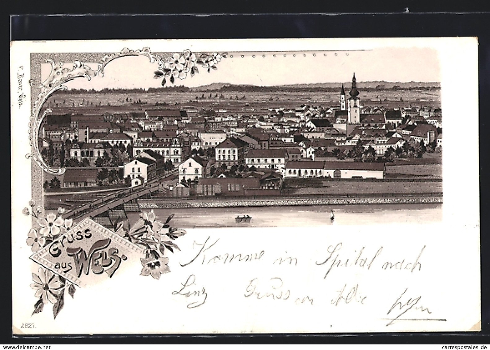 Lithographie Wels, Totalansicht Mit Kirche  - Andere & Zonder Classificatie