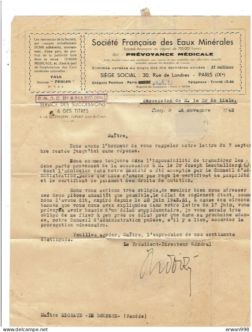 41 LUNAY Cachet Manuel 27/11/1943 S/ PETAIN 1fr50 S/ Lettre Sté Française Des Eaux Minérales - Prévoyance Médicale 158) - Handstempels