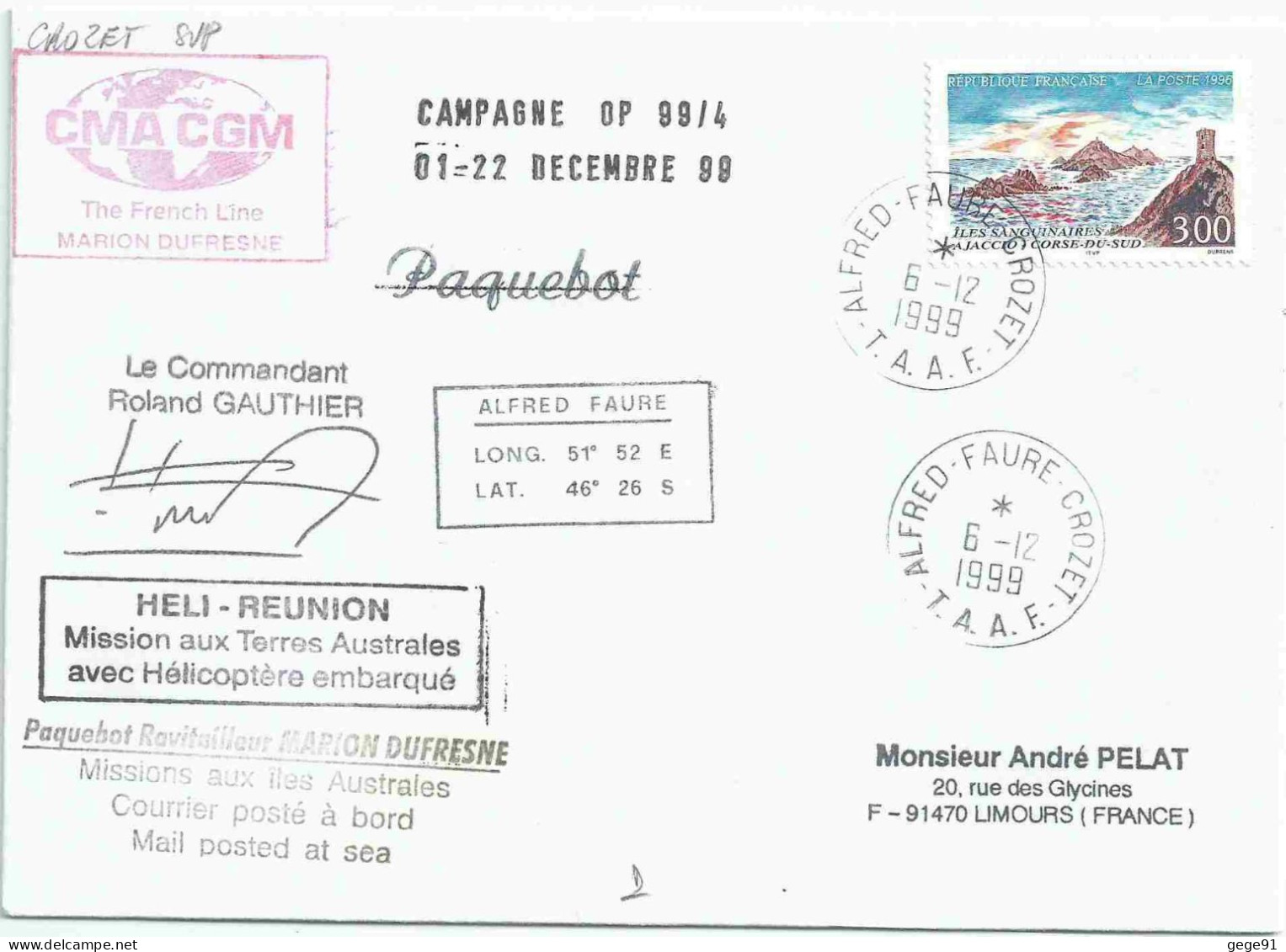 YT 3019 Iles Sanguinaires - Posté à Bord Du MD - Paquebot - Afred Faure - Crozet - 06/12/1999 - Covers & Documents