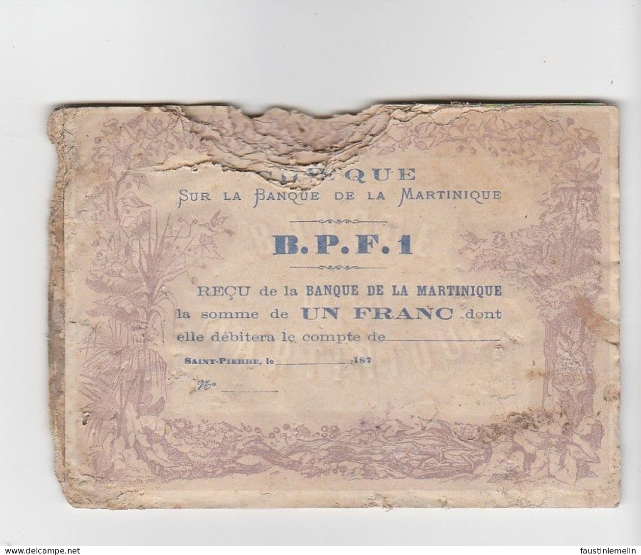 Sorte De Carnet Souche De19 Chèques Sur La Banque De La Martinique, Un Franc ( Très Abîmés) - Notgeld