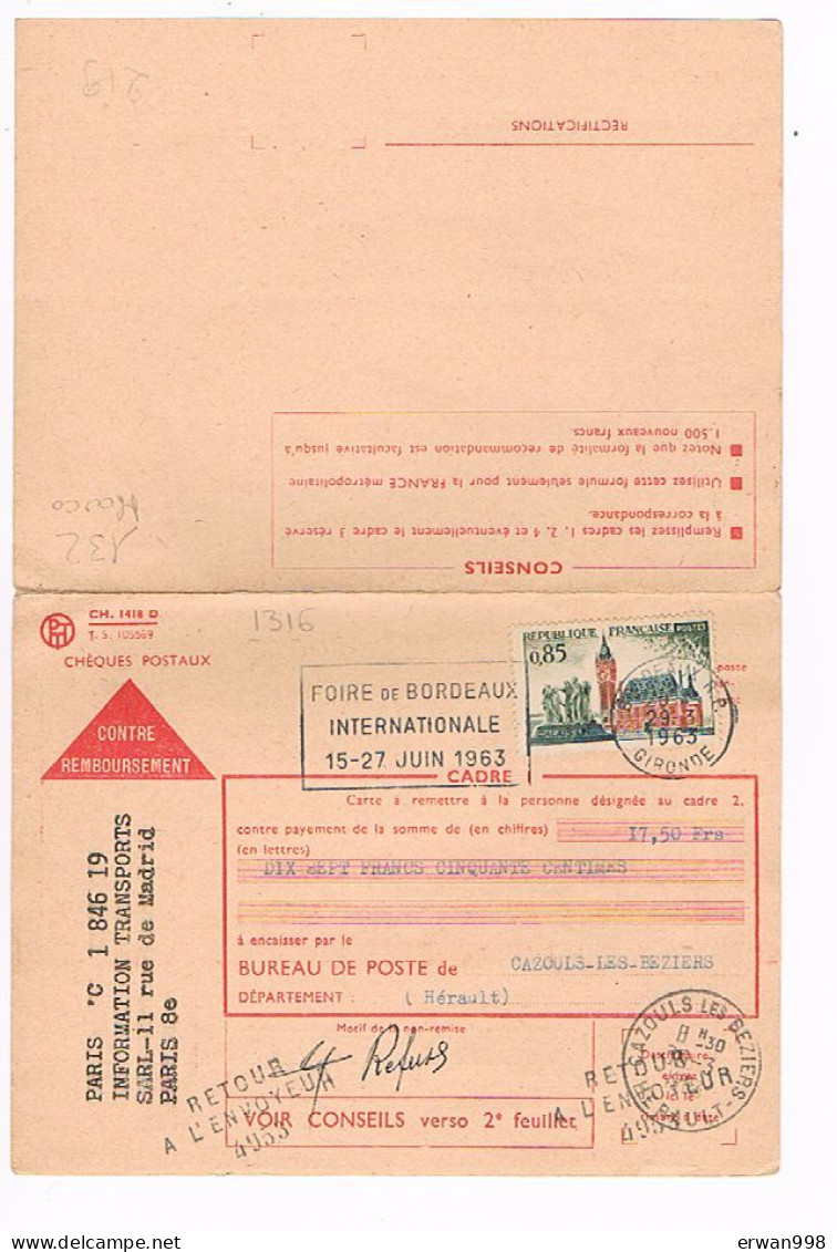 33 BORDEAUX Flamme SECAP "Foire De BORDEAUX" S/ YT 1316 Contre Remboursement Refusé "retour à Envoyeur 160 - 1961-....
