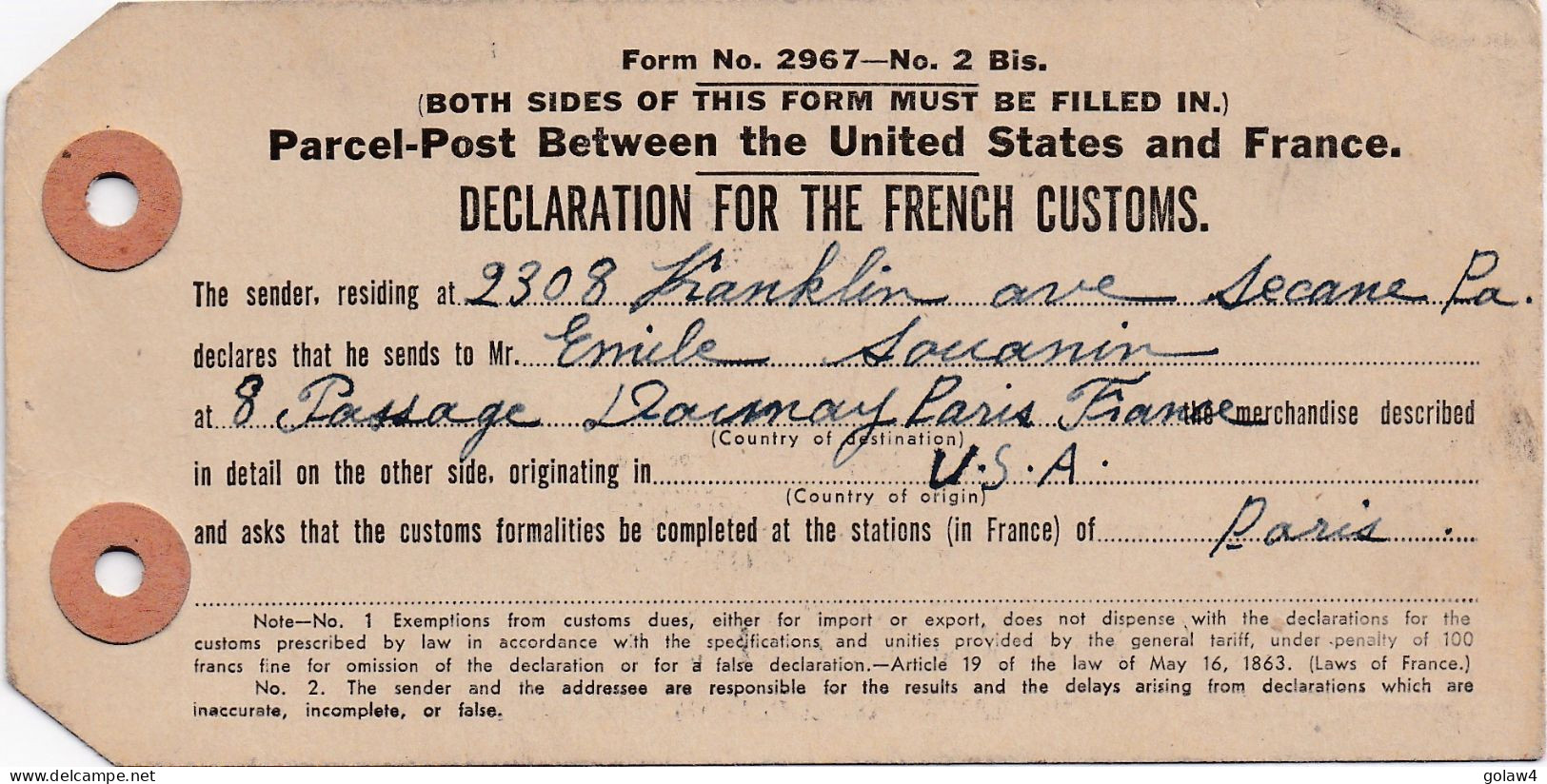 37156# DECLARATION FOR THE FRENCH CUSTOMS FOOD CLOTHING Obl SECANE PA PENNSYLVANIE 1947 DOUANE ALIMENT VETEMENT - Storia Postale