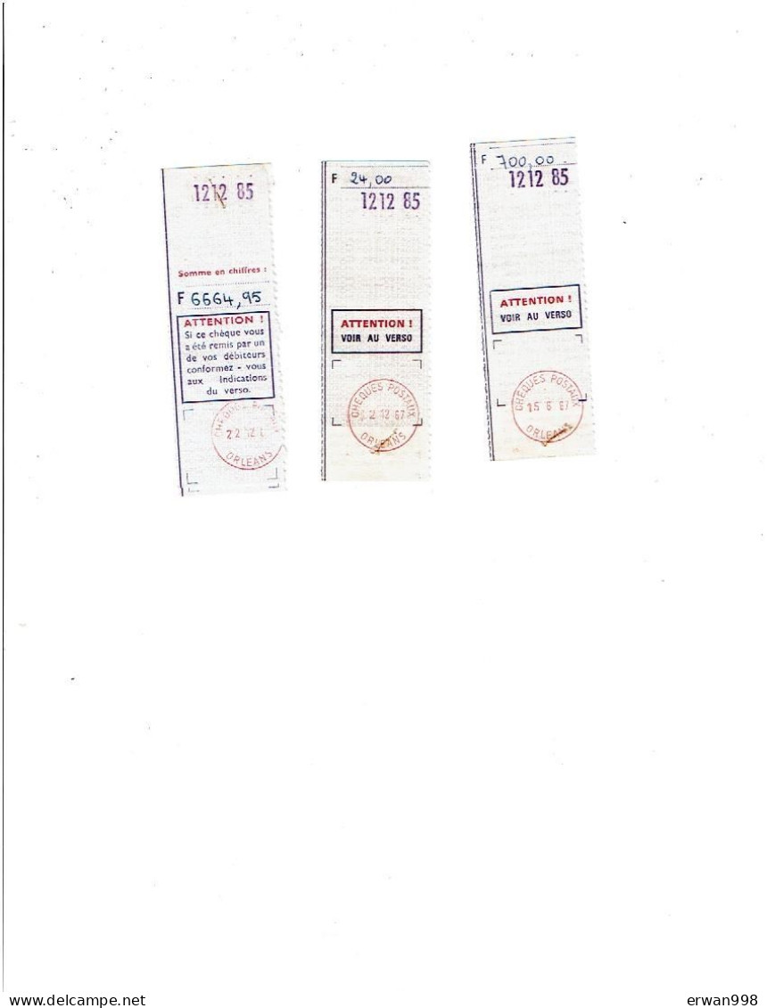 45 ORLEANS 3 Cachets Chèques Postaux Sur Talons De Chèques 1966 &1967 & 13 MARSEILLE    2 OMEC Rouge & Noire  (161) - Handstempel
