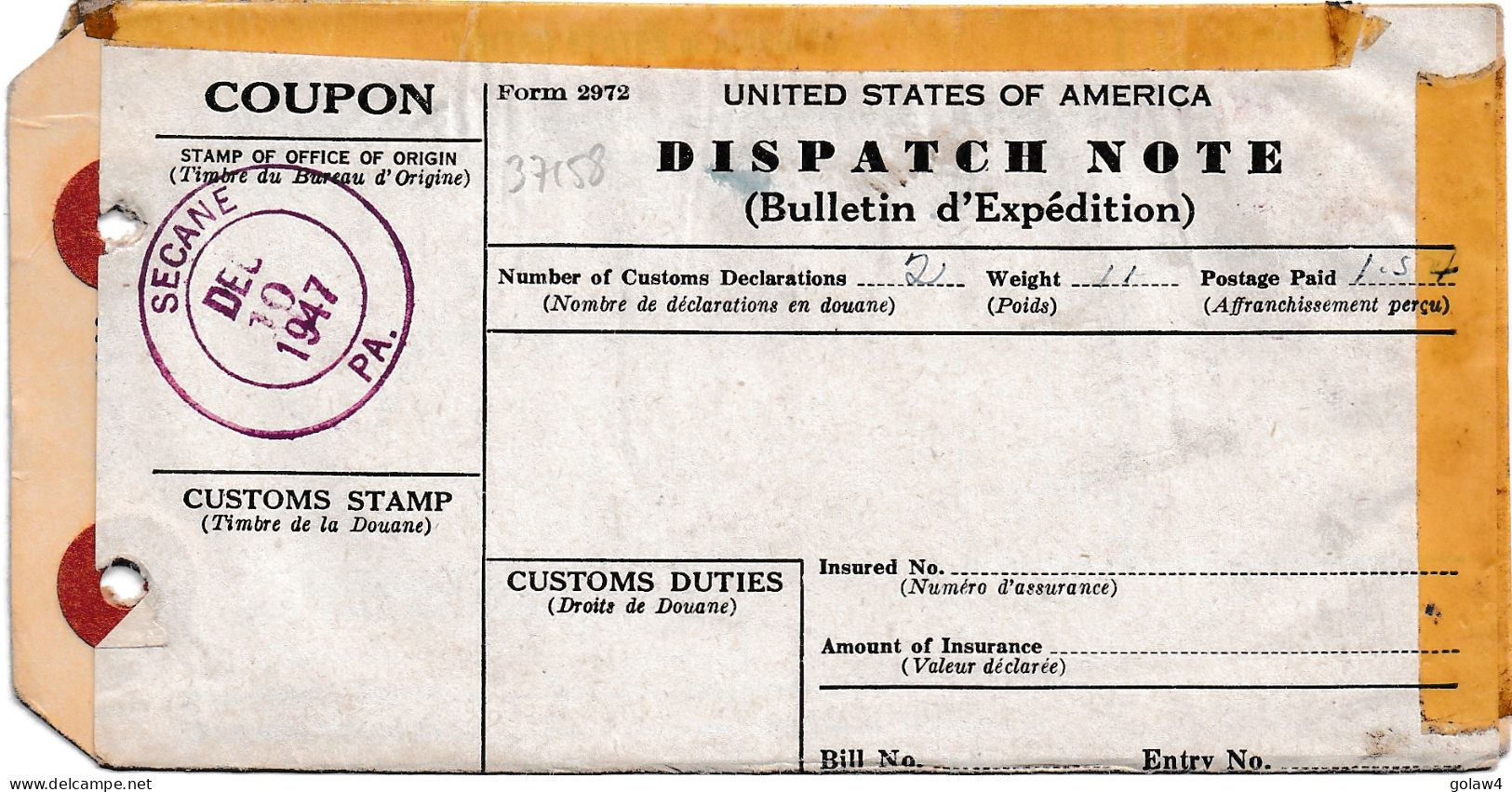 37158# DISPATCH NOTE BULLETIN EXPEDITION Obl SECANE PA PENNSYLVANIE 1947 - Covers & Documents