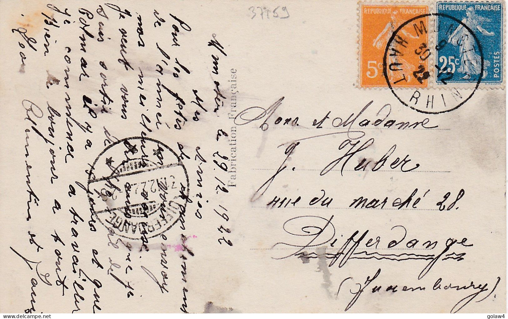 37159# SEMEUSE CARTE POSTALE Obl MUNSTER HAUT RHIN 1922 ALSACE Pour DIFFERDANGE LUXEMBOURG - Cartas & Documentos