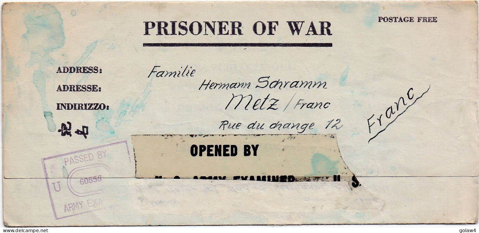 37160# PRISONER OF WAR CAMP ASHFORD GENERAL HOSPITAL WEST VIRGINIA USA 1945 CENSURE Pour METZ MOSELLE - Storia Postale