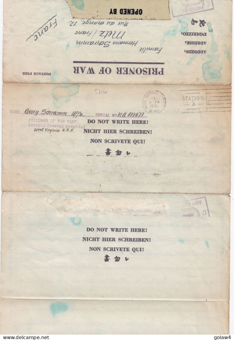 37160# PRISONER OF WAR CAMP ASHFORD GENERAL HOSPITAL WEST VIRGINIA USA 1945 CENSURE Pour METZ MOSELLE - Covers & Documents