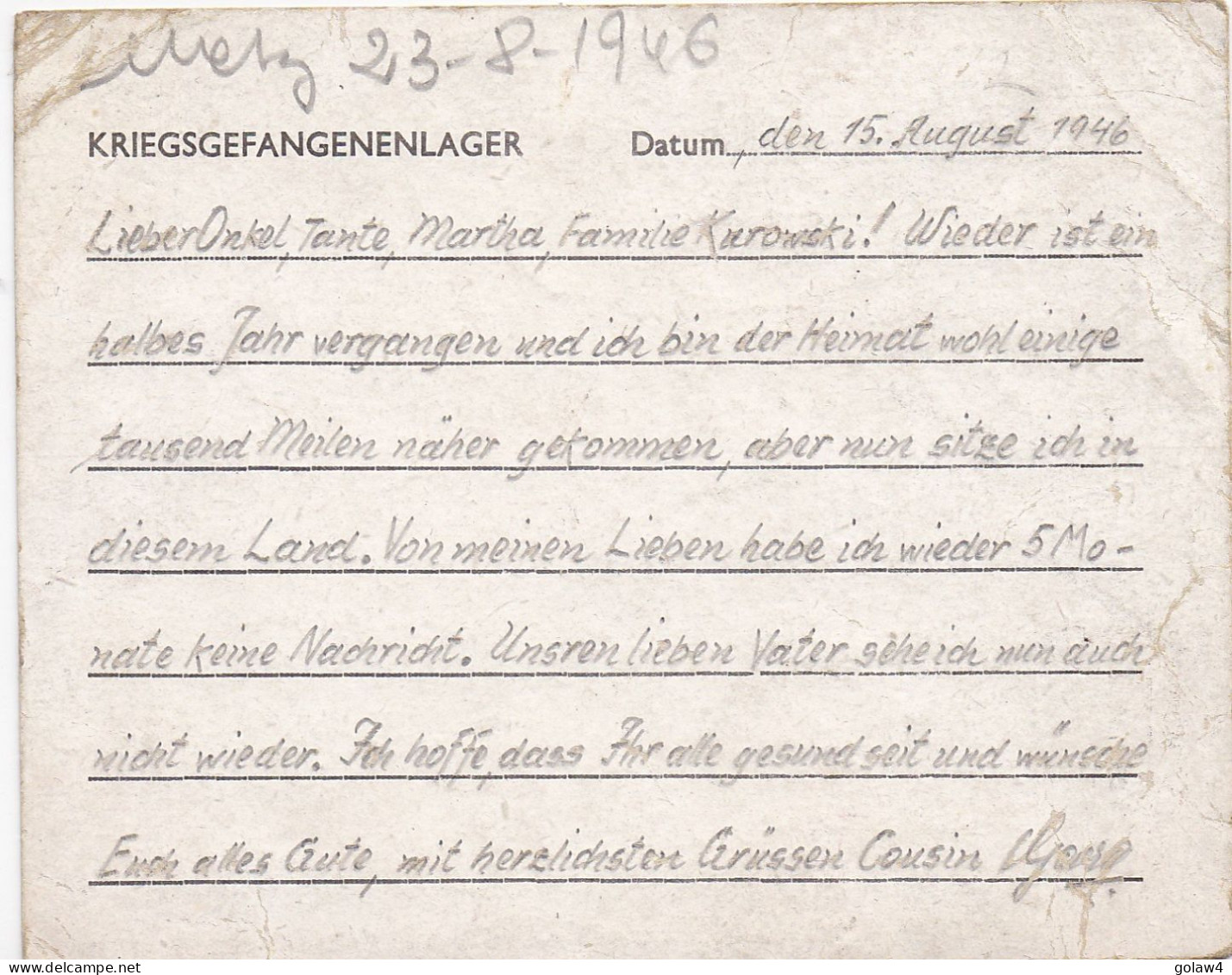 37161# PRISONER OF WAR CAMP BEESON HOUSE ST NEOTS HUNTS 1946 Pour METZ MOSELLE - Briefe U. Dokumente