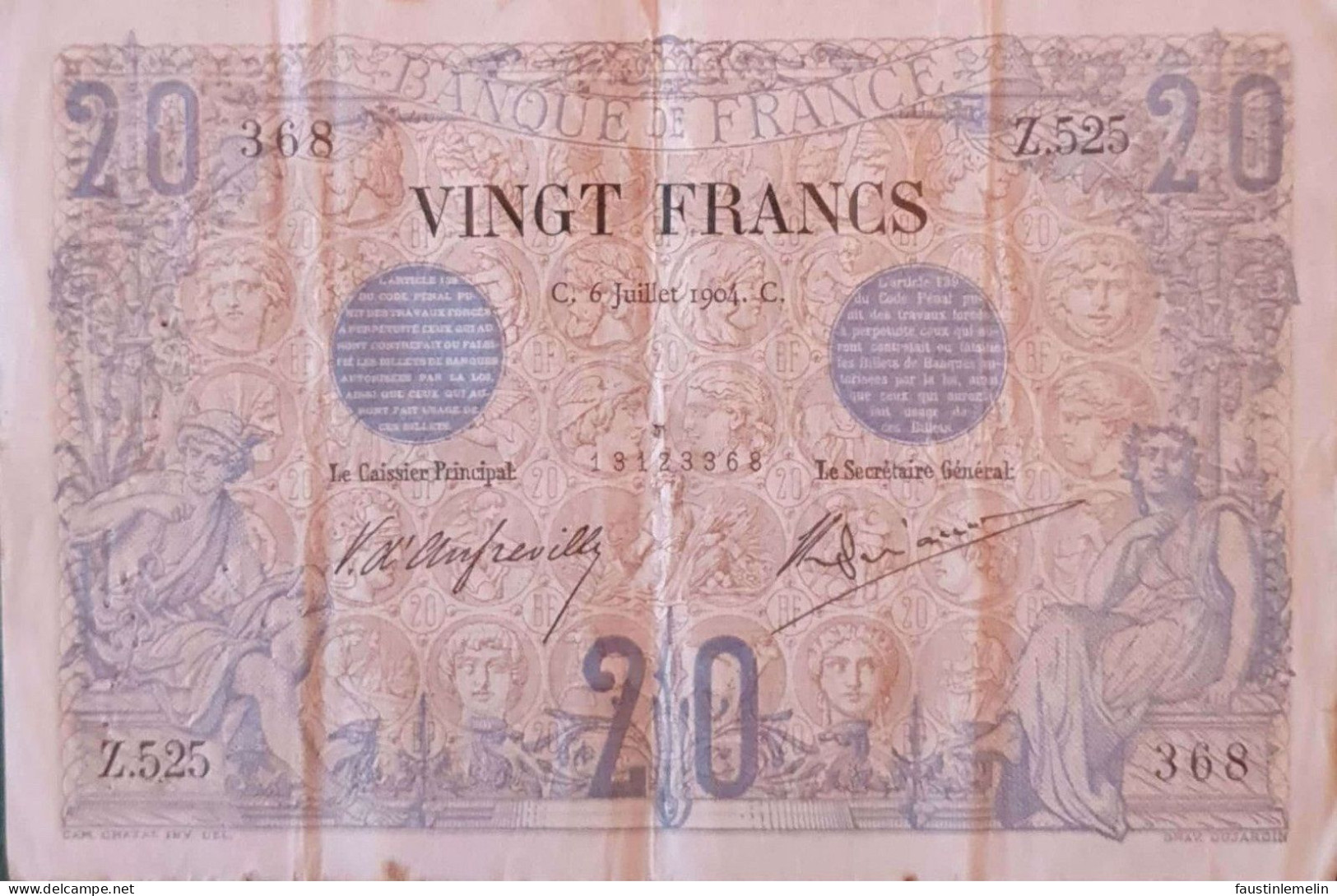 Billet 20 Francs Bleu 06.07.1904 - 20 F 1905-1913 ''Bleu''