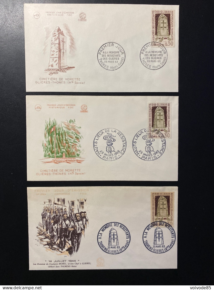 Enveloppes 1er Jour "A La Mémoire Des Résistants Des Glières" 23/03/1963 - 1380 - Historique N° 454/454A/454B - 1960-1969