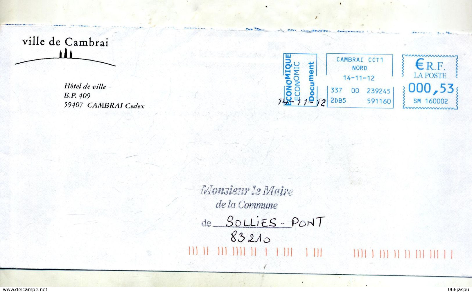 Lettre Machine Cambrai Eco Document Entete Mairie - Mechanical Postmarks (Other)