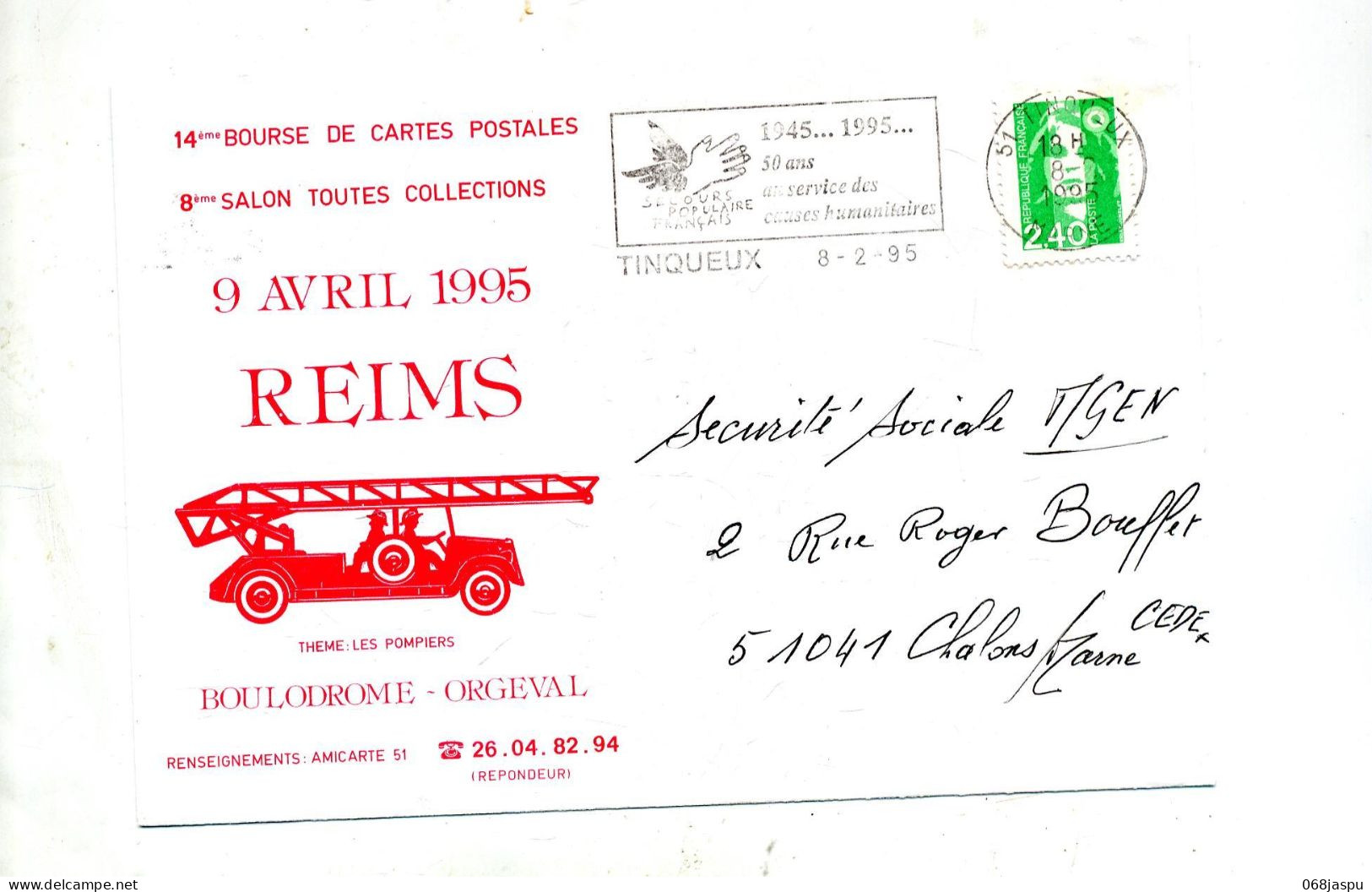 Lettre Flamme Tinqueux Secours Populaire Immustré Salon Reims Theme Pompier - Mechanical Postmarks (Advertisement)