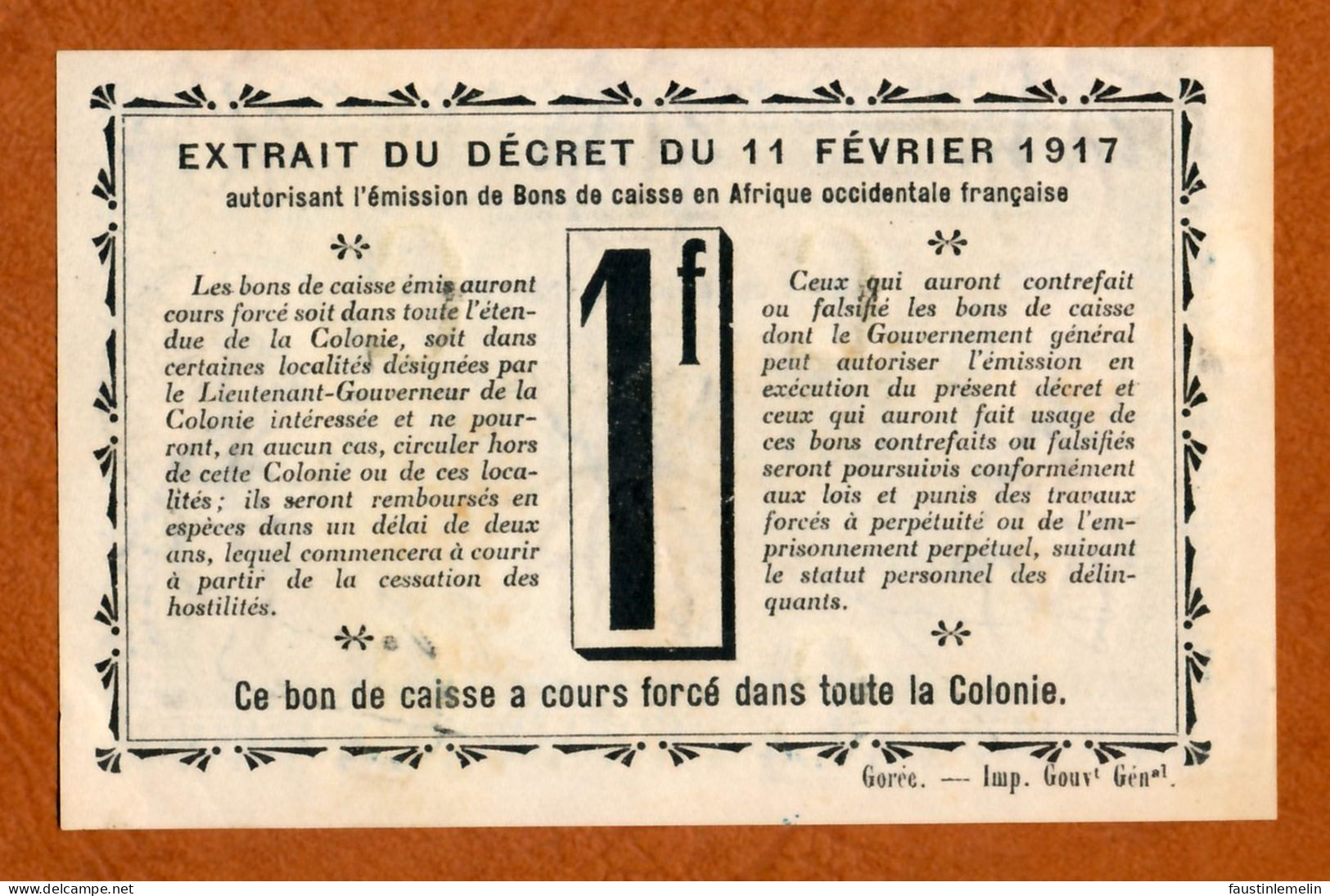 1917 // COLONIE DE LA GUINEE FRANCAISE // A.O.F. // Bon De Un Franc // AU - SPL - Bons & Nécessité